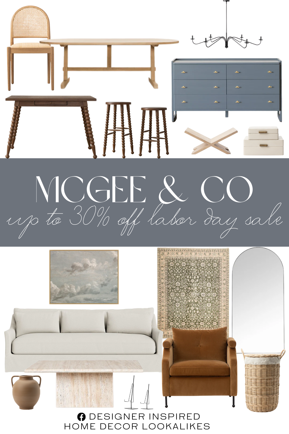 McGee & Co Labor Day Sale. Rounded Dual Handled Vase. Heathcliff Desk. Wilhelmina Classic Slipcover Sofa. Philomena Chandelier. Clegg Lounge Chair. Butler Dresser. Fernwood Hand-Knotted Wool Rug. Travertine Coffee Table. Gala Floor Mirror. Metal Easel. Hadden Natural Dining Chair. Rattan Lidded Laundry Bin. Gray Clouds. Giselle Oval Dining Table. Wooden Book Display. Cream Shagreen Box. Rounded Dual Handled Vase.