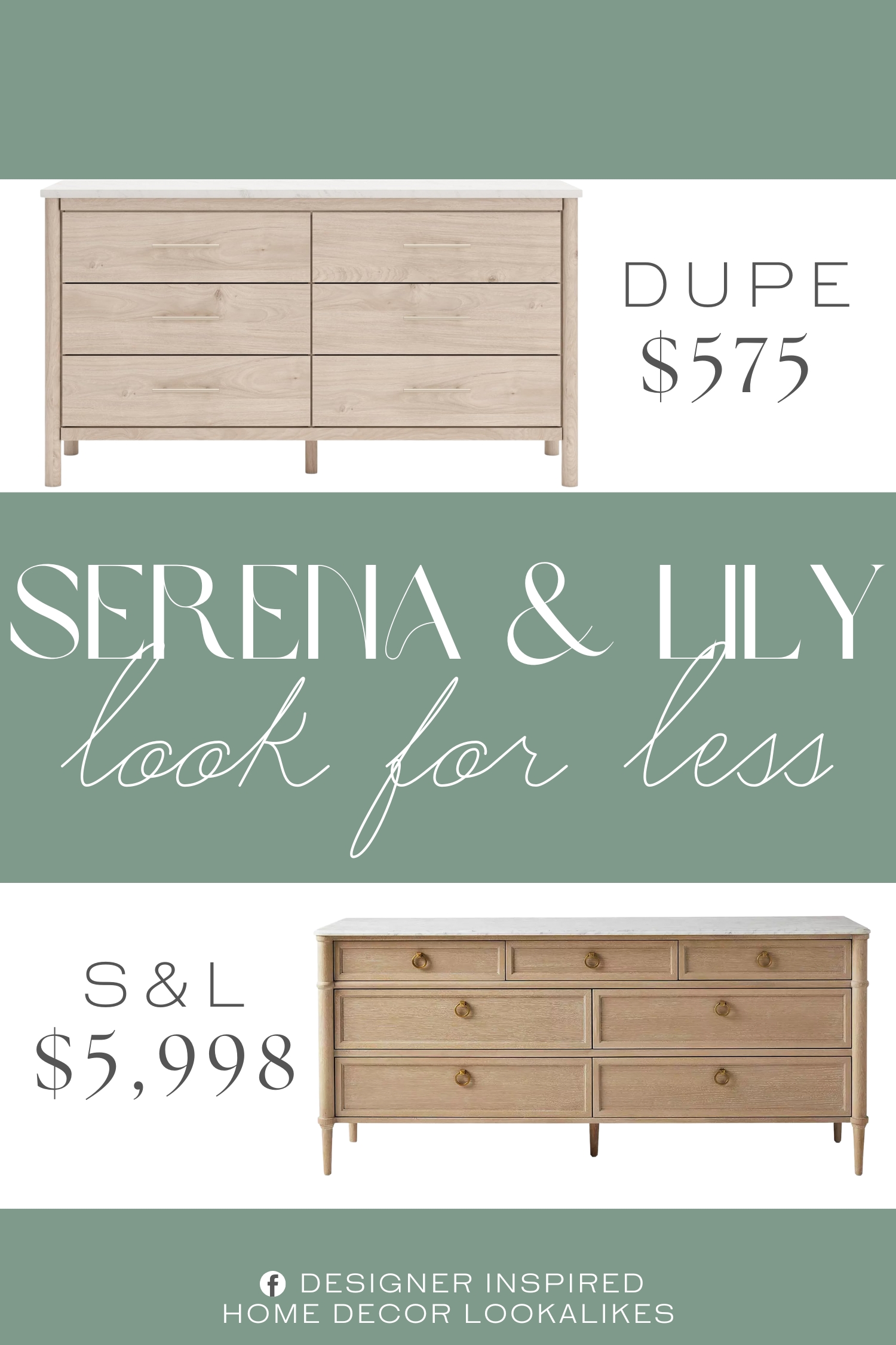 Serena & Lily Chesapeake Dresser Dupe. Engineered wood. Smooth, light finish with replicated oak grain. Replicated marble top. Champagne colored handles. 6 smooth-gliding drawers lined with faux linen. Round post legs