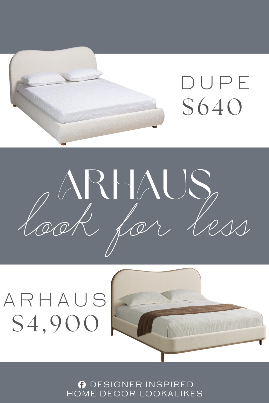 Arhaus Danny Camelback Bed Dupe. It features a frame made from engineered wood and veneer, fully upholstered in soft boucle fabric.