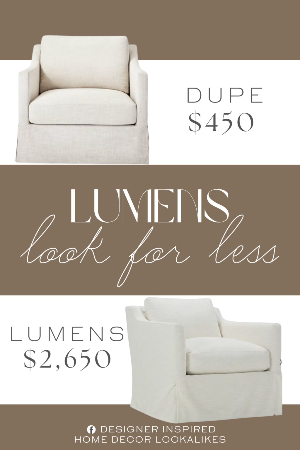 Lumens Madeline Slipcovered Swivel Chair Dupe. With its padded back, seat and armrests, this upholstered chair swivels for comfort and convenience. The frame is kept hidden by a slipcover that extends to the floor for a clean, polished look.