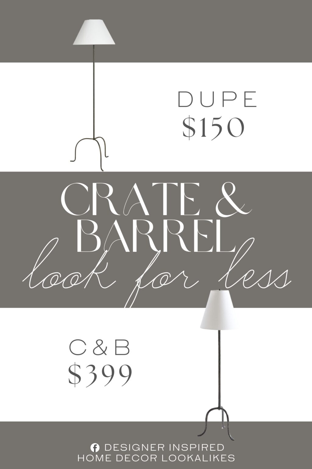 Crate & Barrel Cardiff Black Floor Lamp with White Shade Dupe. Antiqued wrought metal slim tripod-style floor lamp, blending vintage charm with minimalist design.