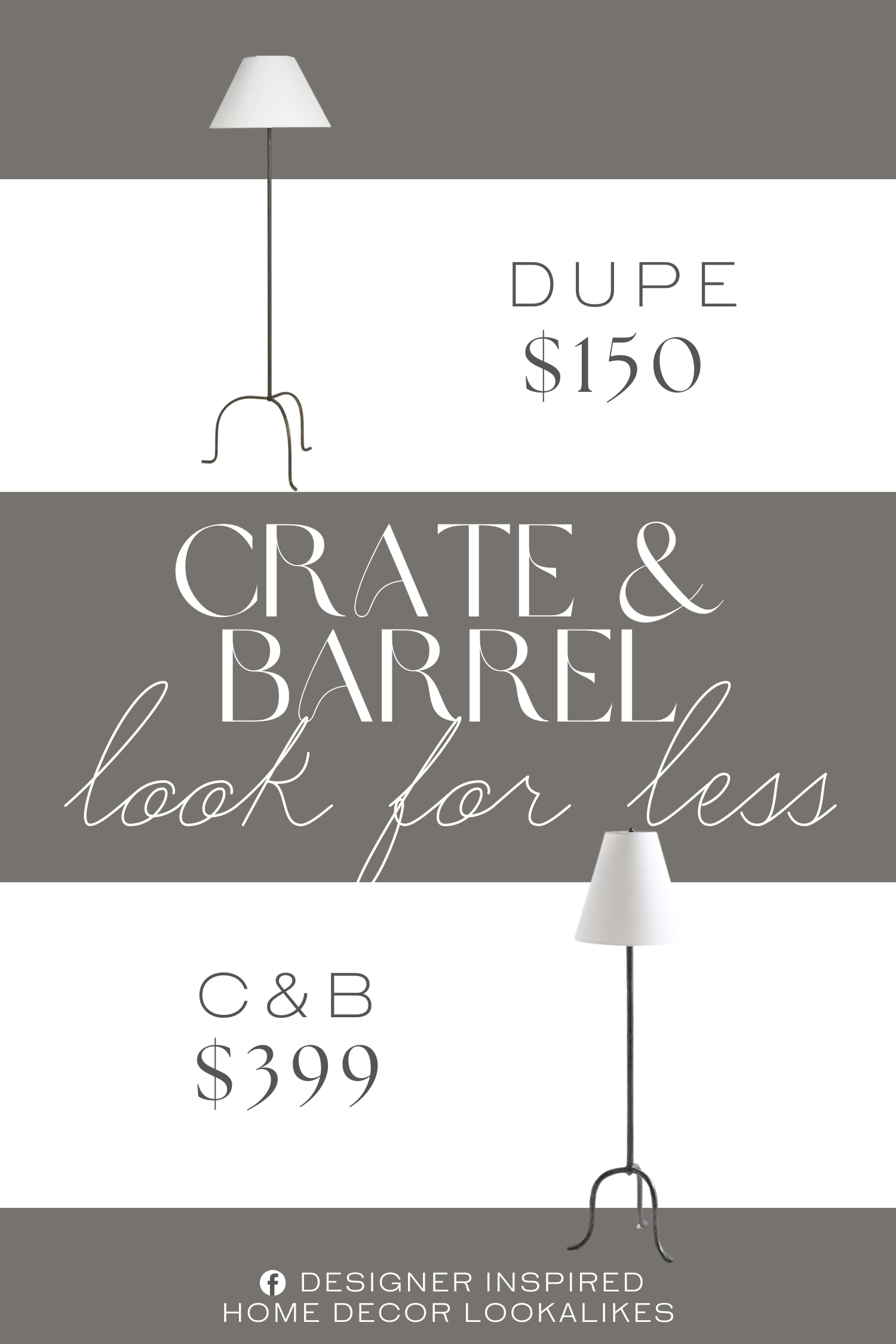 Crate & Barrel Cardiff Black Floor Lamp with White Shade Dupe. Antiqued wrought metal slim tripod-style floor lamp, blending vintage charm with minimalist design.