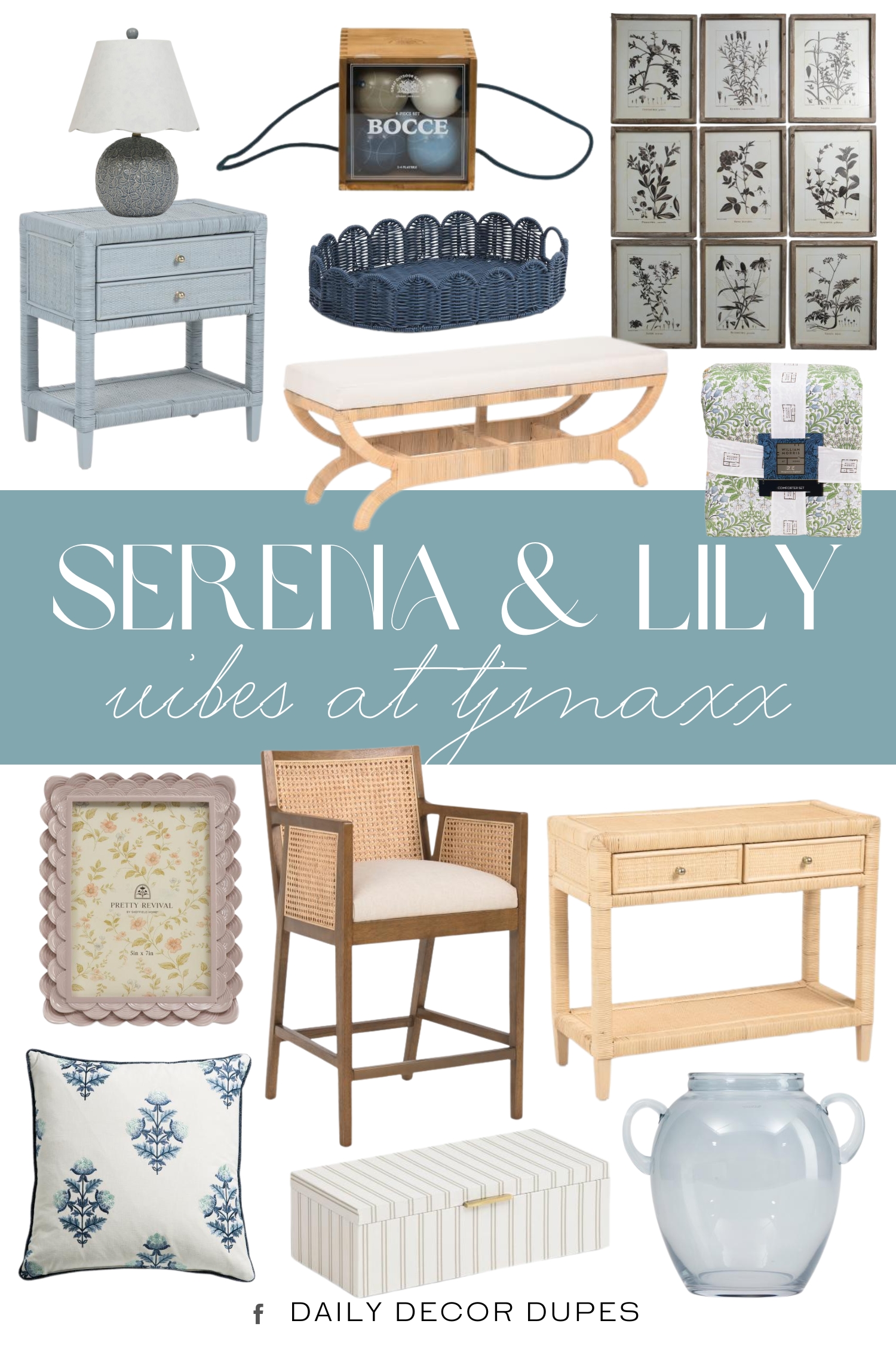 Serena & Lily Vibes at TJMaxx. Woven Rattan 2 Drawer Nightstand. Leaf Comforter Set. Outdoor Classic Bocce Wood Box Game Set. Azura Rattan Bench With Cushion. Hydrangea Ceramic Table Lamp. Melian 2 Drawer Console Table. Embroidered Floral Oversized Feather Filled Pillow. Handblown Recycled Glass Decorative Vase. Striped Print Linen Wrapped Box. Ruffle Scallop Tabletop Picture Frame. Rustic Foliage Study Wall Art Set. Antonia Cane And Performance Fabric Stool With Wooden Frame. Oval Scalloped Edge Tray.