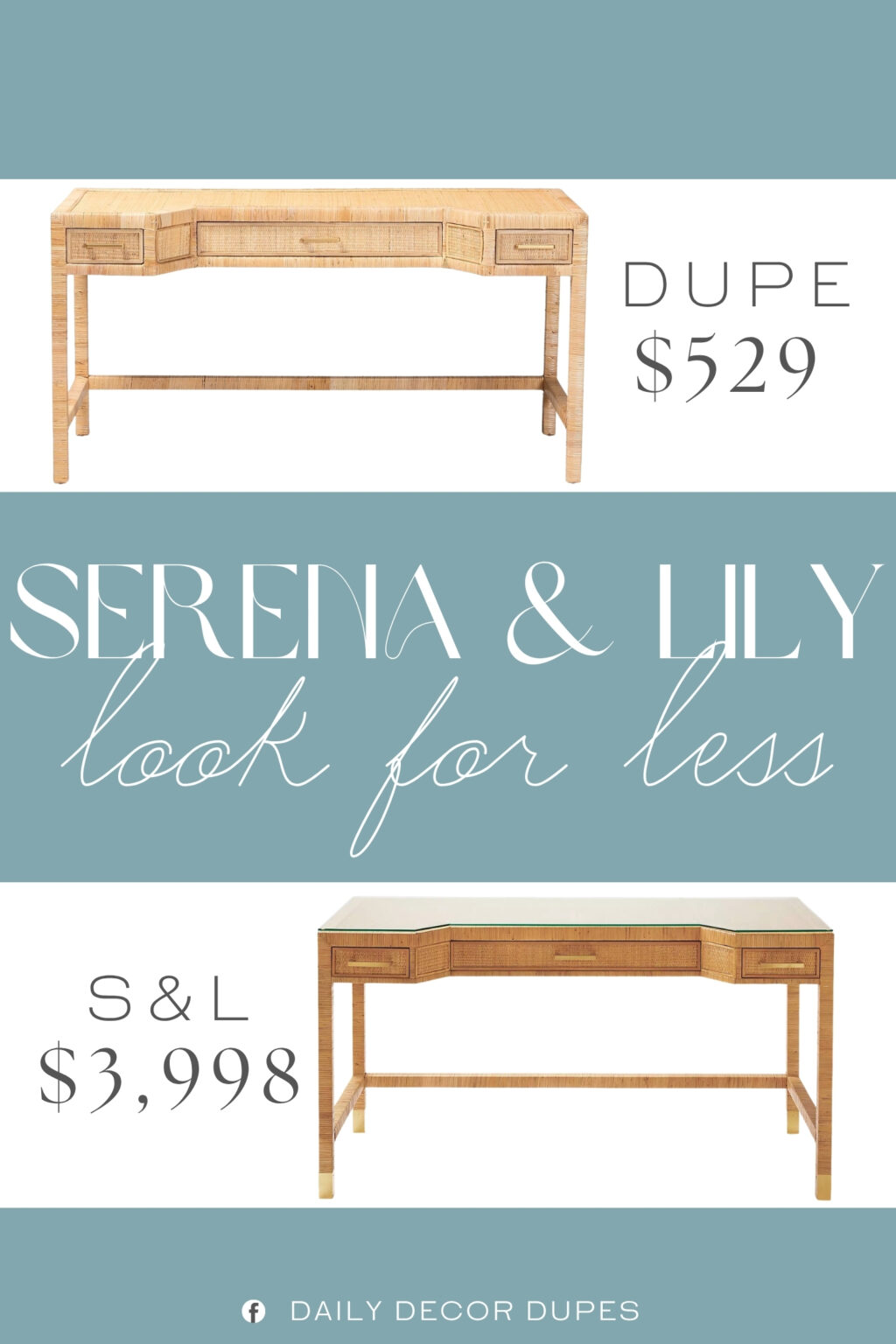 Serena & Lily Balboa Rattan Desk Dupe. Constructed from Natural Rattan, Mahogany Wood, and Engineered Wood. Elegantly arranged rattan adds boho coastal charm with a light, airy aesthetic.