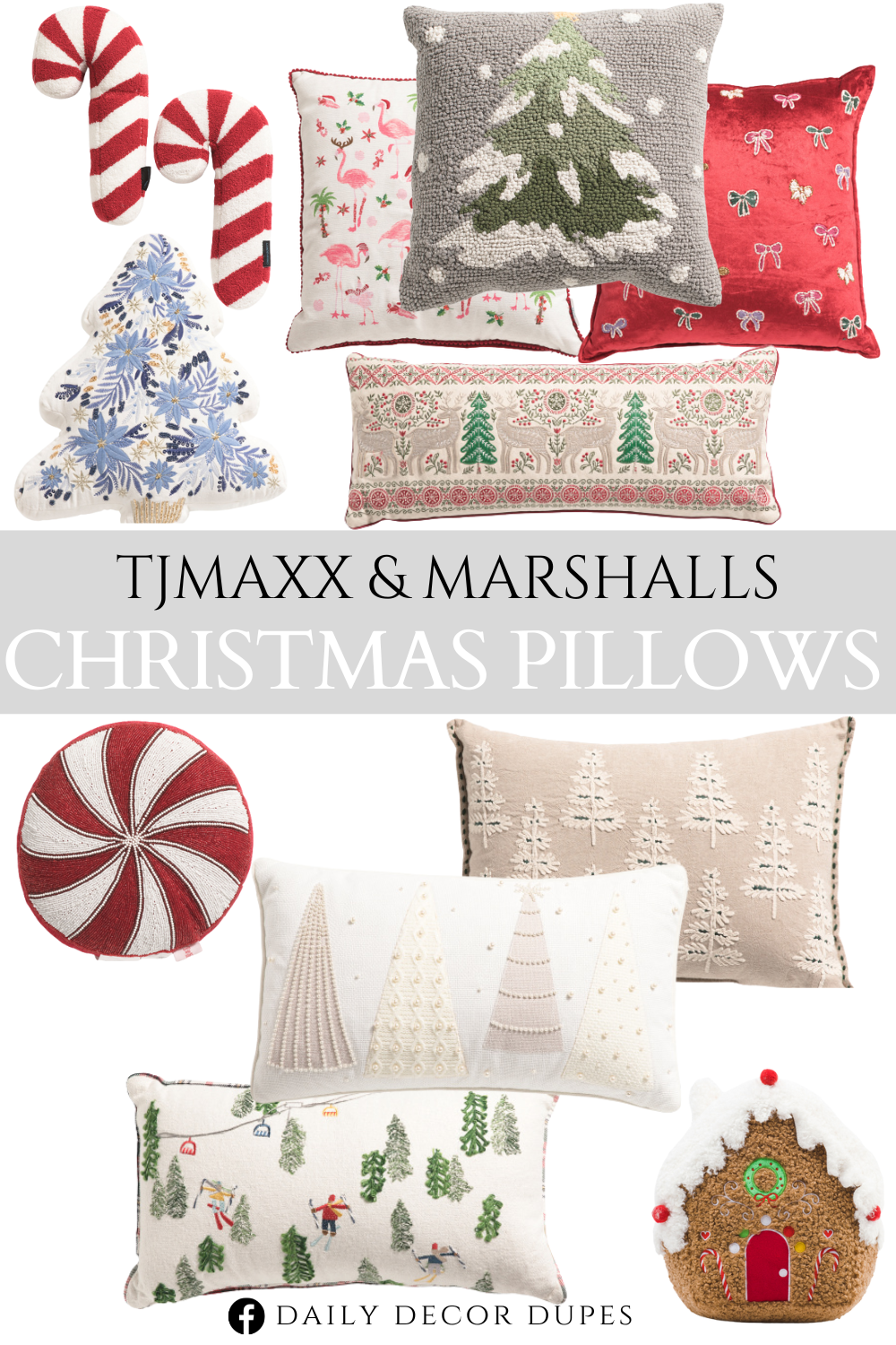 Affordable Christmas Pillows from TJMaxx & Marshalls. Whimsy Nordic Pillow. Velvet Lola Bows Pillow. Snowy Christmas Tree Hooked Pillow. Feltzer Christmas Flamingo Pillow. Holiday Ski Trip Embroidered Pillow. Pearl Trees Pillow. Trees Pillow. Round Peppermint Beaded Pillow. Teddy Christmas House Plush Cushion. Candy Cane Shaped Pillows. Christmas Floral Tree Shaped Pillow.