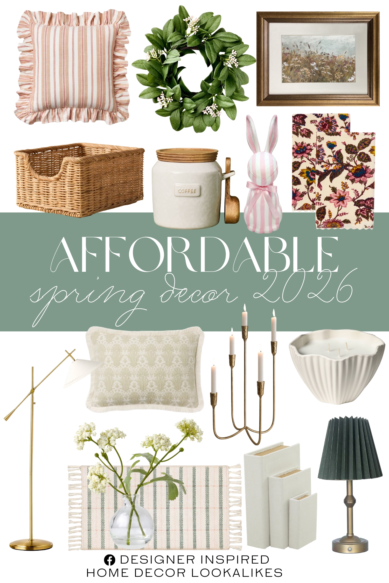 Affordable Spring Decor 2026. Square Woven Stripe Throw Pillow with Ruffle. Lumbar Woven Shell Block with Fringe Edge Throw Pillow. 3 Wick Wavy Ribbed Ceramic Blushed Tonka Jar Candle. Armoire Cottage Collection Brass Portable Cordless Table Lamp. 2pk Adelaide Floral Hand Towel Set. Spring Plaid Scatter Accent Rug. 5-Candle Cast Iron Metal Candelabra Candlestick Holders. Deco 79 Linen Fabric Decorative Box. Wildflower Meadow Wall Art Decor. Striped Bunny Tabletop Decoration. Sour Cream/Brass Hinge Floor Lamp. 29 fl oz Ceramic Stoneware Core Coffee Storage Canister. Woven Rattan Pantry Storage Basket. 12" Mini Seeded Green Leaf Wreath.