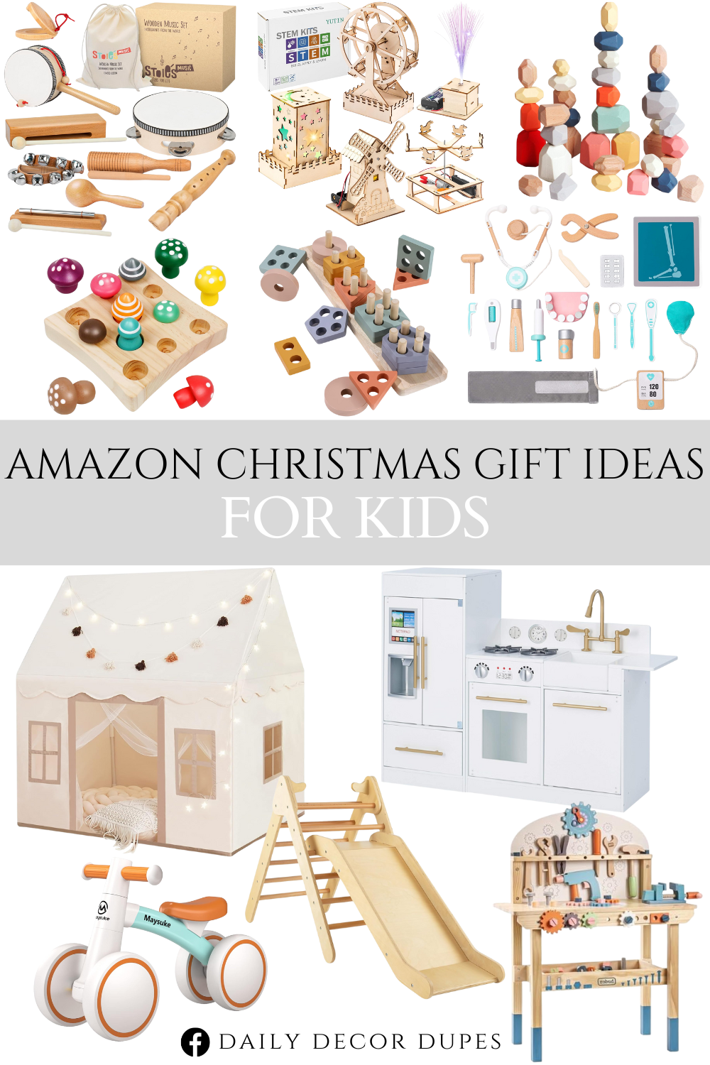 Amazon Christmas Gift Ideas for Kids. Wooden Music Set. Wood Craft Projects Kit for Kids. Baby Balance Bike Toys. Play Doctor Set for Kids. 36 PCS Wooden Sorting Stacking Rocks Stones. Wooden Climbing Toys. Wooden Harvest Mushroom Toys. Wooden Sorting & Stacking Toys. Wooden Play Tool Workbench Set. Wooden Play Kitchen with Refrigerator. Large Kids Tent with mat.