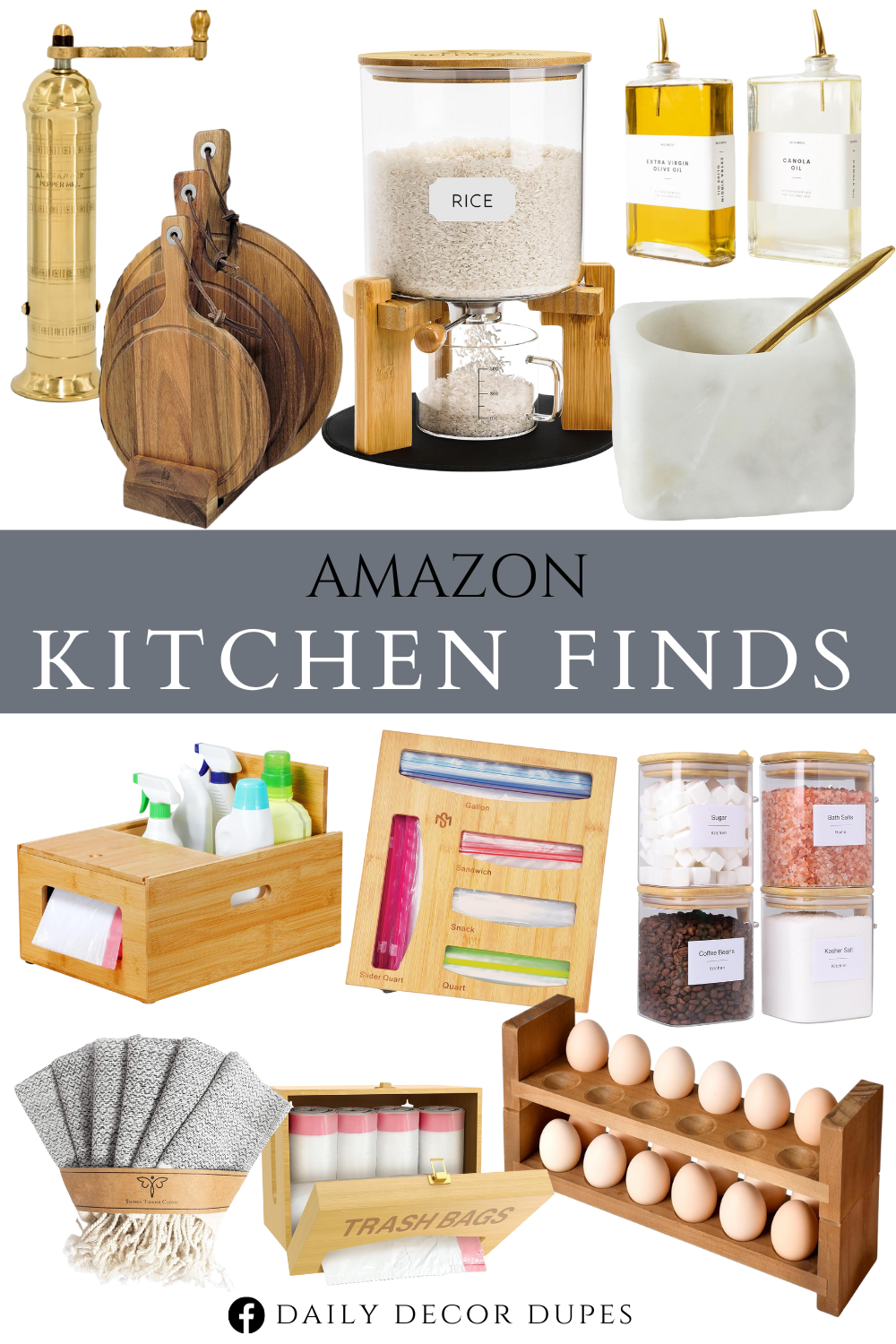 Amazon Kitchen Finds Bamboo bag storage box, 2-in-1 extra large bamboo trash bag organizer, extra large trash bag dispenser, oil dispenser for kitchen, double-layer egg tray holder, glass food storage jars (set of 4), glass rice dispenser (10 lbs), square white marble brass spoon (set of 2), European salt and pepper mill, premium acacia wood cutting board with handle, and wash cloths (pack of 6).