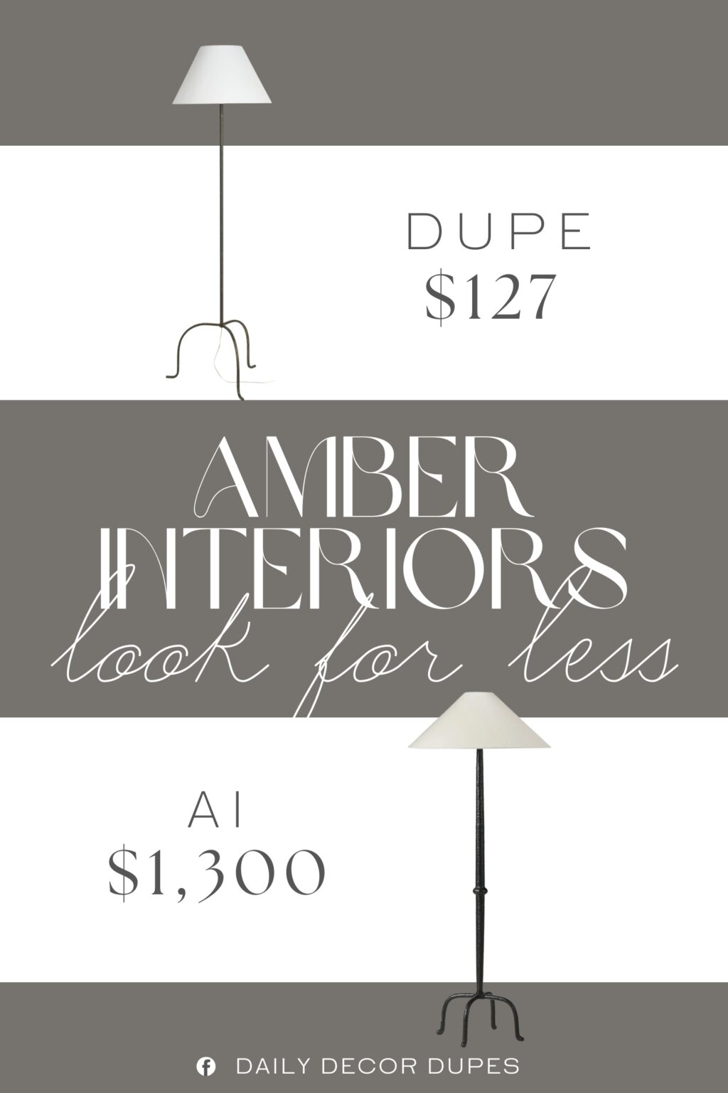 Amber Interiors Kenai Floor Lamp Dupe. This lightweight floor lamp combines vintage elegance with minimalist design. Its antiqued wrought metal base features a sleek tripod silhouette, offering a timeless yet understated look.
