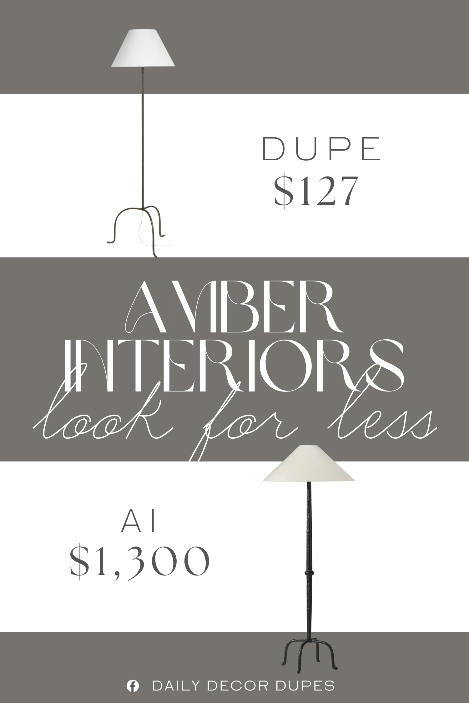 Amber Interiors Kenai Floor Lamp Dupe. This lightweight floor lamp combines vintage elegance with minimalist design. Its antiqued wrought metal base features a sleek tripod silhouette, offering a timeless yet understated look.