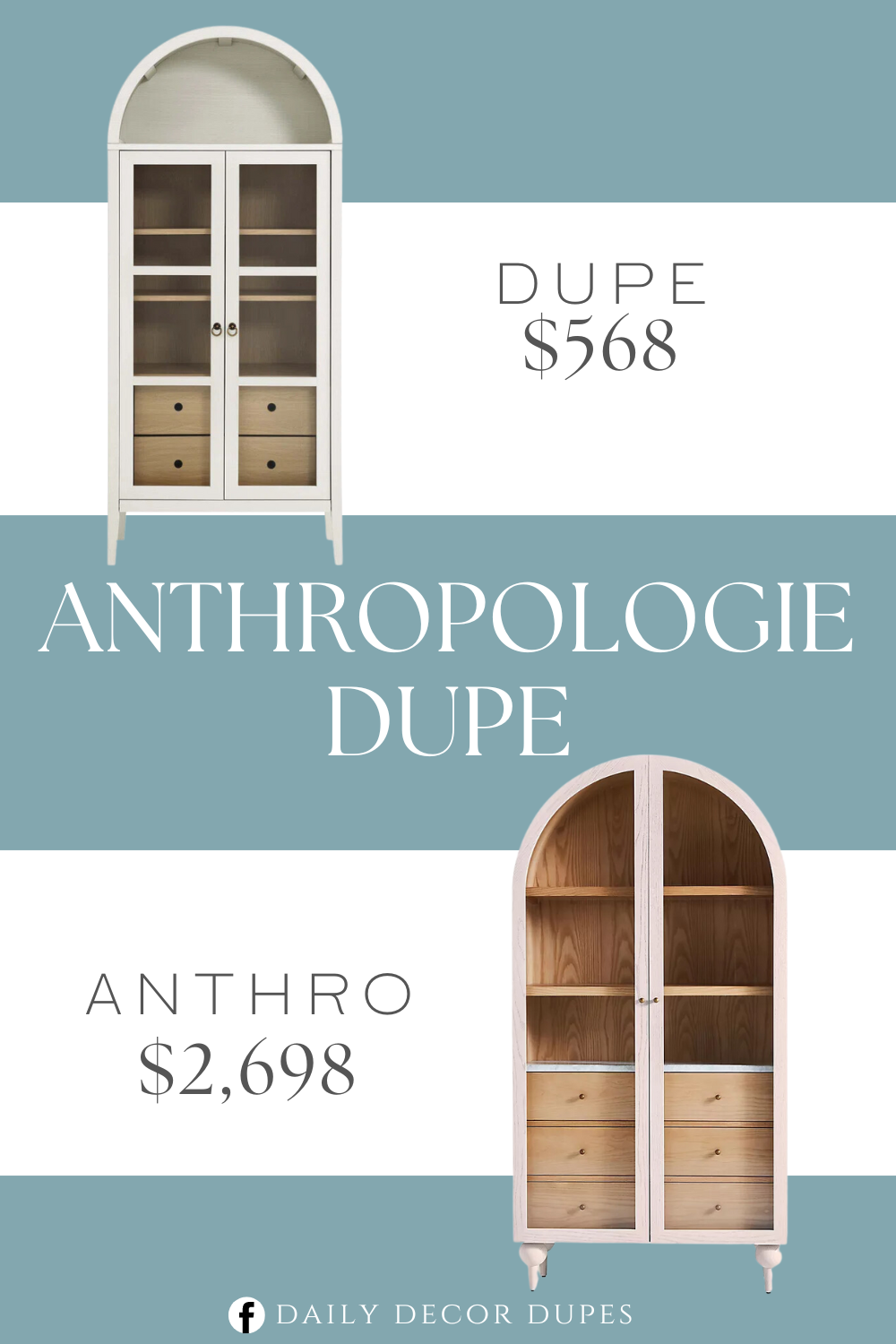 Anthropologie Fern Storage Cabinet Dupe. MDF and Particleboard. Wood Grain Laminate. Rounded Arched Top. Adjustable Shelves. Full-Glide Drawers. Tempered Glass Doors. Metal Ring Pulls.