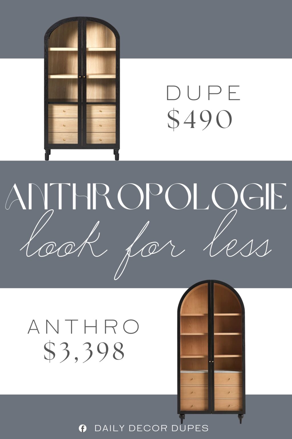 Anthropologie Fern Three-Drawer Storage Cabinet Dupe. Spindle legs add a playful touch that softens the sleek lines, and crafted from durable MDF, paper laminate, and glass, it’s designed to stand up to daily life beautifully.