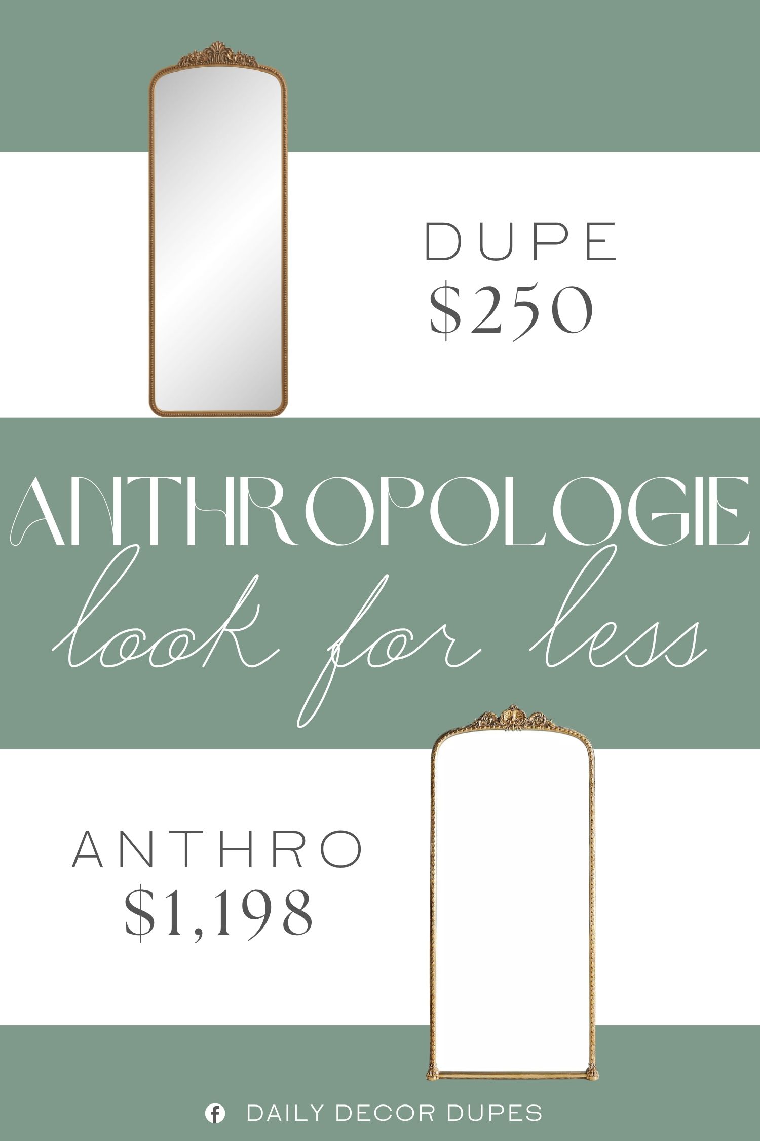 Anthropologie Gleaming Primrose Floor Mirror Dupe. Made of mirrored glass and MDF. It has antique-bronze composite frame crowned by an ornate filigree, and features beaded detailing around the edge.