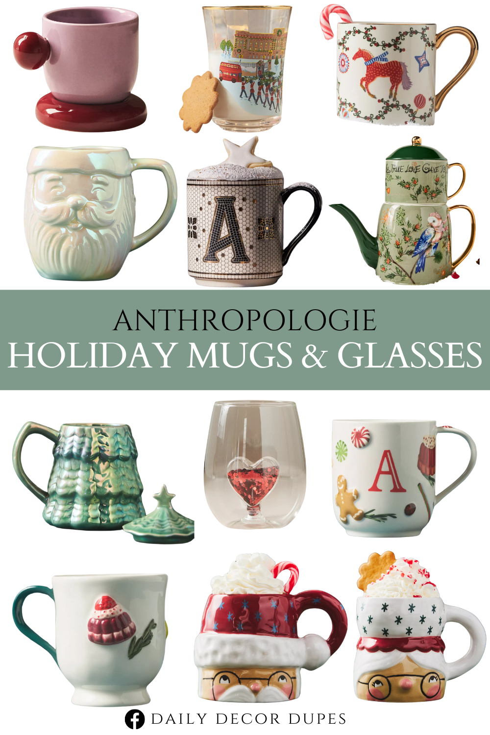 Anthropologie Holiday Mugs & Glasses. Bistro Tile Monogram Mug. Holifaye Stoneware Monogram Mug. Mrs. Santa Claus Stoneware Mug. Santa Stoneware Mug. Holifaye Stoneware Mug. Merry Luster Tree Lidded Stoneware Mug. Holiday in the City Juice Glass. Stemless Wine Glass. Twelve Days of Christmas Ceramic Stoneware Tea-For-One Set. Mr. Santa Claus Stoneware Mug. Juniper Stoneware Mug. Rika Espresso Cup.