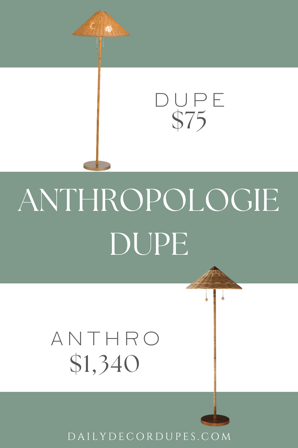 Anthropologie Rattan Umbel Floor Lamp Dupe. Metal base, rattan design, removable shades. Overall lamp dimension 22in D x 63in H, 6ft cord length.