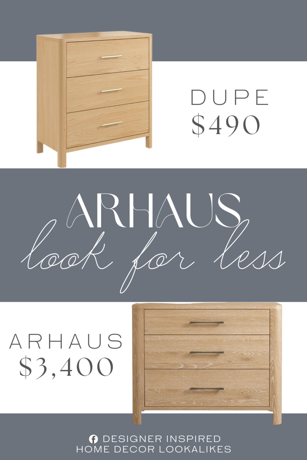 Arhaus Calista Three-Drawer Chest Dupe. Expertly crafted from a premium blend of solid white oak veneer and engineered wood for lasting quality. Natural variations in wood grain, texture, and finish make each piece one of a kind.