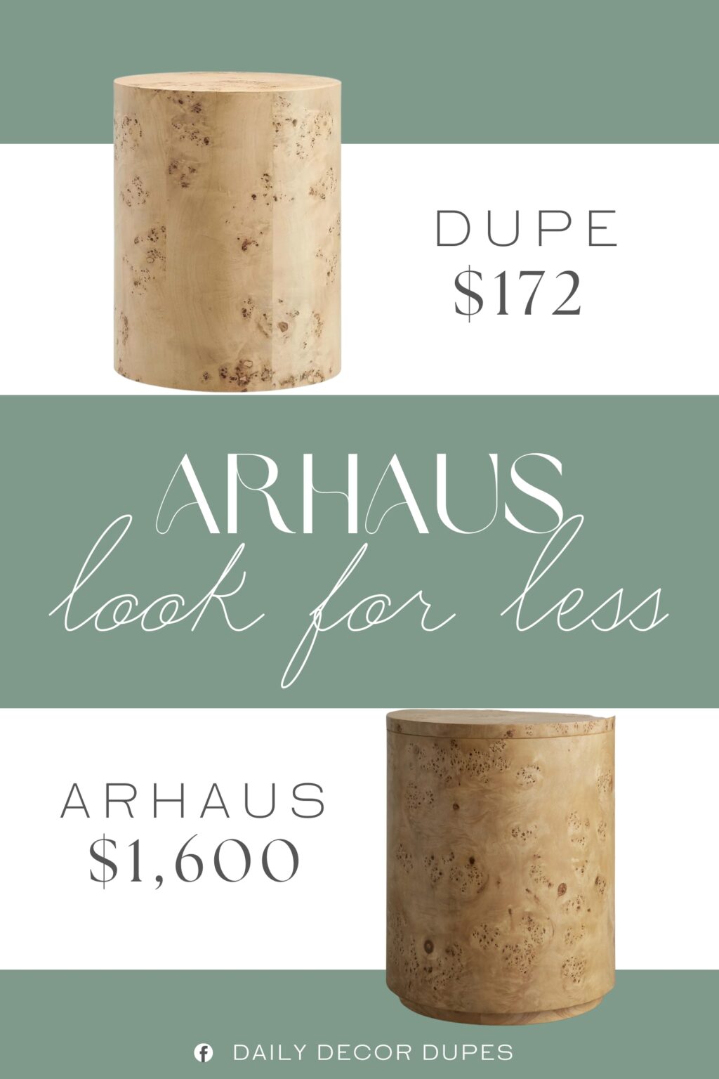 Arhaus Corey Round End Table Dupe. Built from MDF and mappa burl wood veneer, this side table offers dependable stability, capable of supporting books, drinks, or décor.