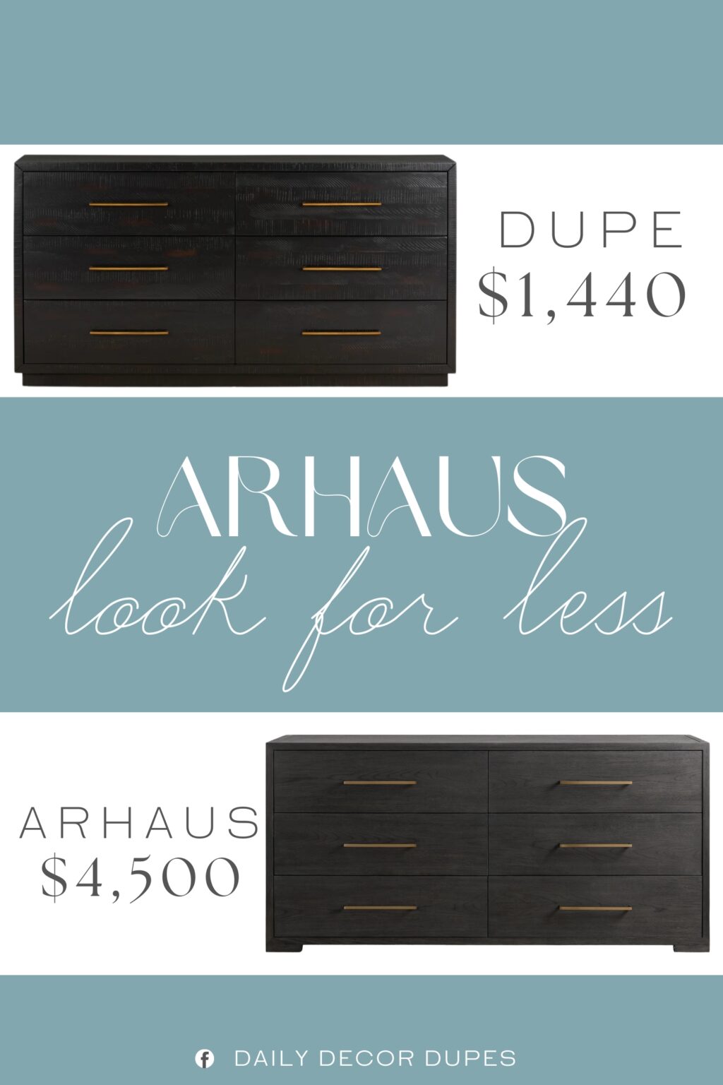 Arhaus Darien Six-Drawer Dresser Dupe. Solid acacia forms clean lines to lighten the natural depth of a burnished black finish. Brass-finished hardware adds a sleek touch to six spacious drawers.