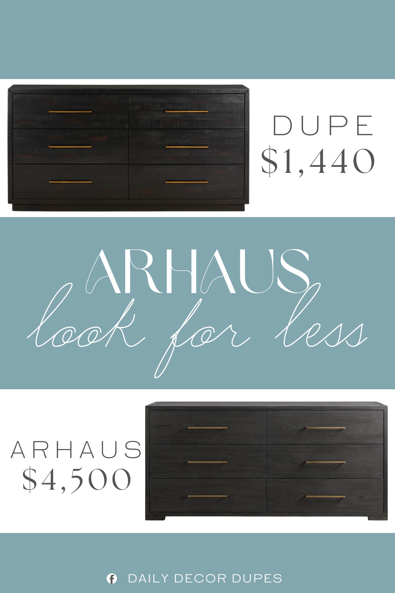 Arhaus Darien Six-Drawer Dresser Dupe. Solid acacia forms clean lines to lighten the natural depth of a burnished black finish. Brass-finished hardware adds a sleek touch to six spacious drawers.