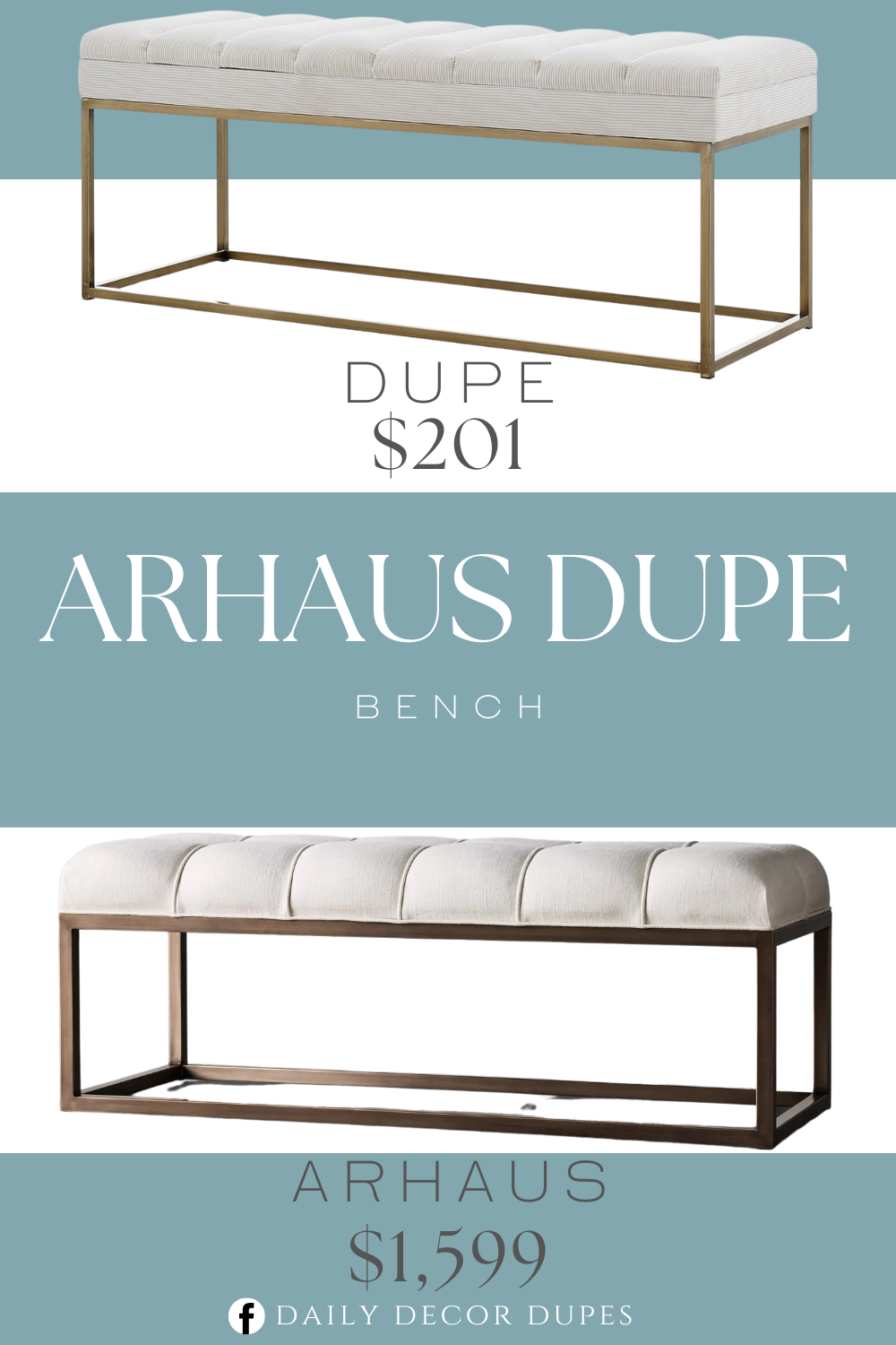 Arhaus Edie Biscuit Tufted Bench Dupe. Material used are Painted Steel, Engineered Wood, Fabric. Modern Style. modern Add elegance to a space with plush channel tufting with streamlined brushed gold steel frame.