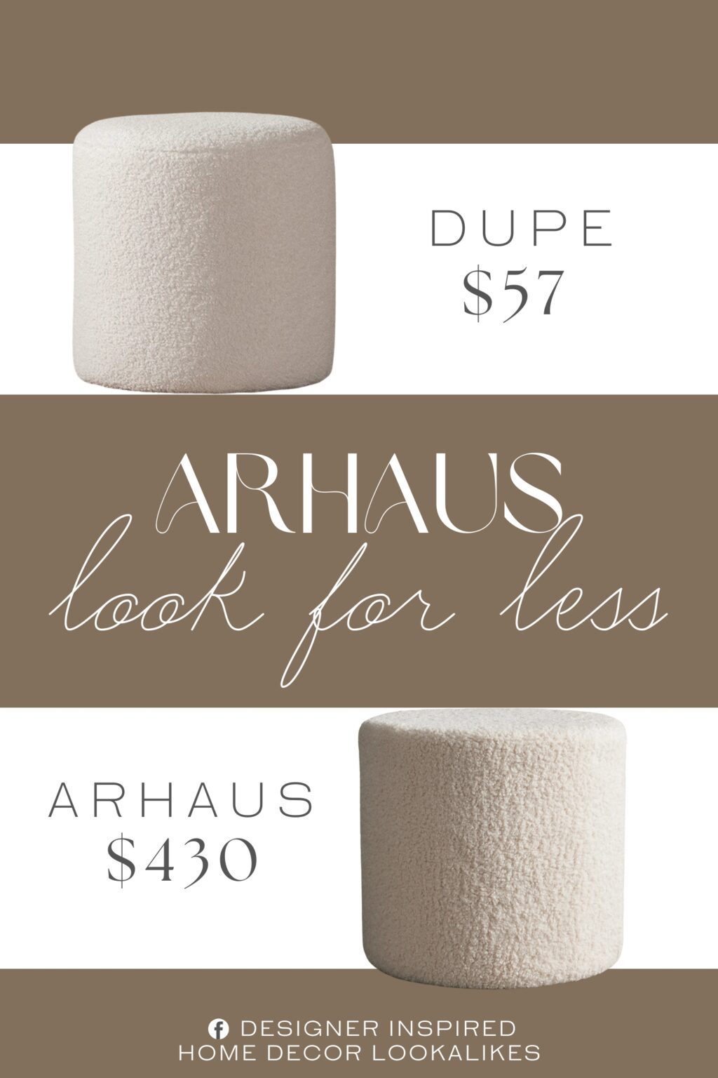 Arhaus Faux Sherpa Pouf Dupe. Constructed with a durable Eucalyptus wood frame, the ottoman is built for stability and support.