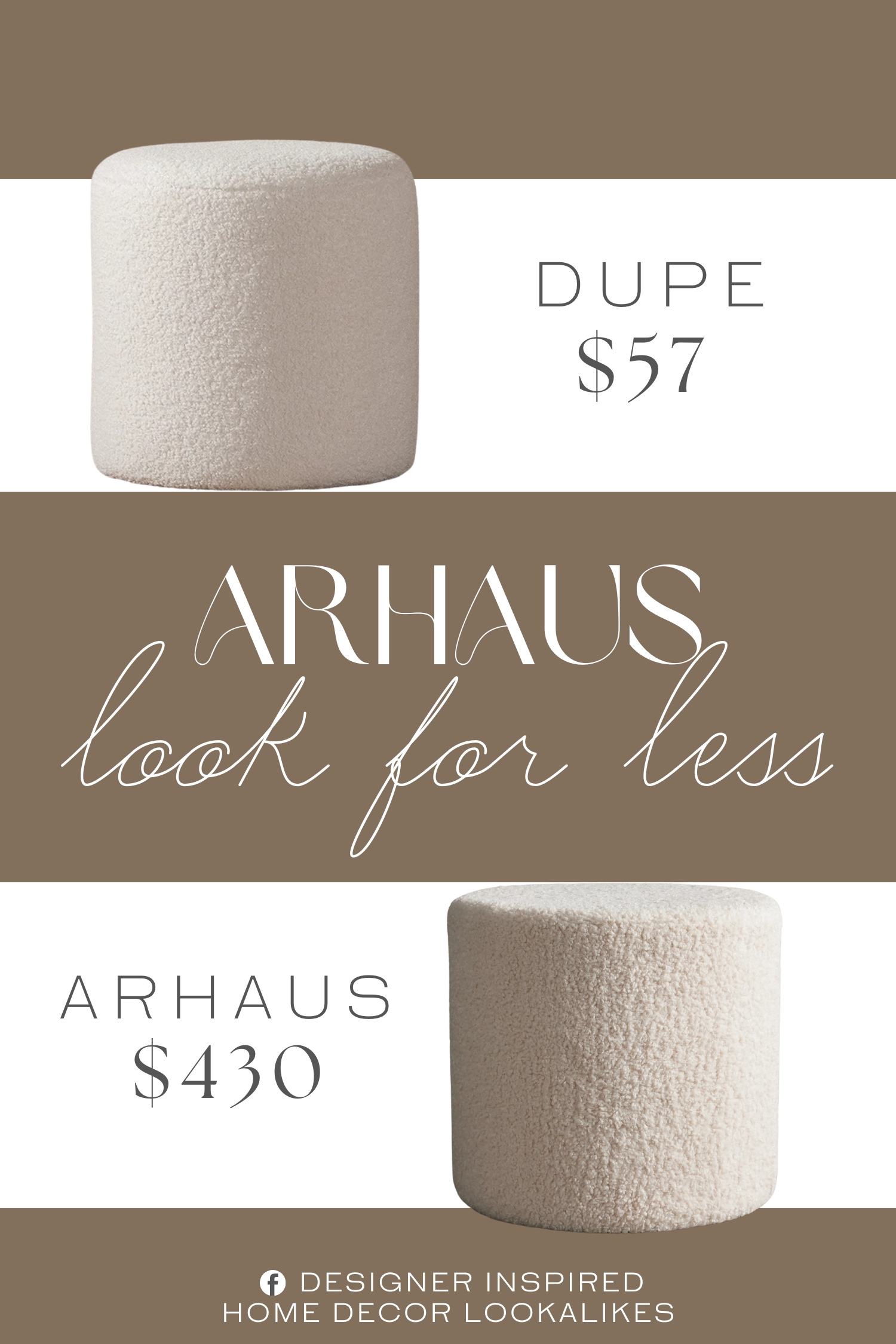 Arhaus Faux Sherpa Pouf Dupe. Constructed with a durable Eucalyptus wood frame, the ottoman is built for stability and support.