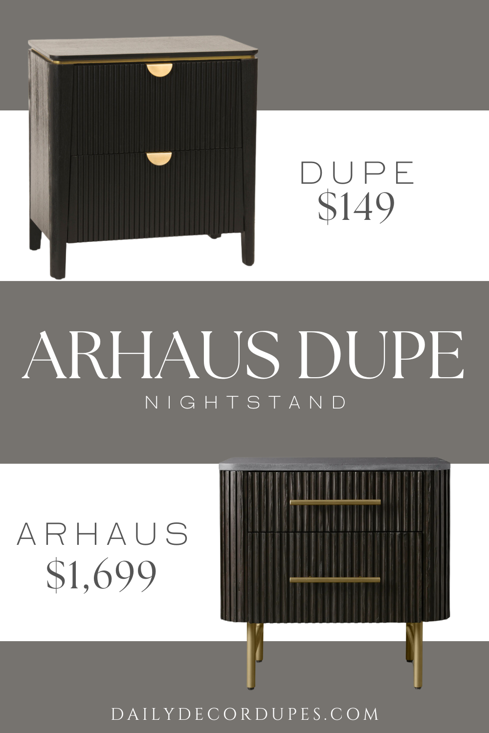 Arhaus Finnley Closed Nightstand Dupe. 2 drawers for ample storage. Fluted details and metallic accents. 24in W x 25in H x 14in L.