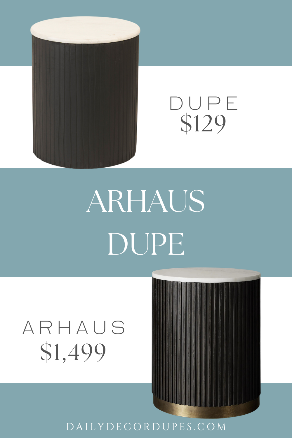 Arhaus Finnley End Table Dupe. Made from marble top, wood base, fluted details. Size 20in D x 24in H.