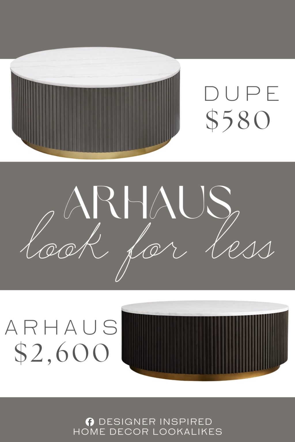 Arhaus Finnley Round Coffee Table Dupe. A ribbed, engineered wood frame in a charcoal finish creates texture and depth, while the brushed gold metal base brings a luxurious touch.