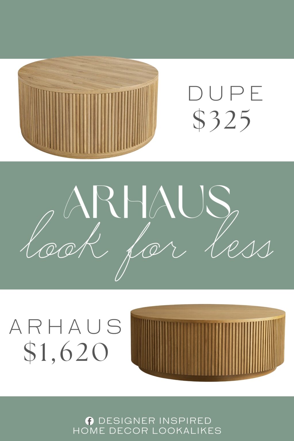 Arhaus Finnley Round Wood Coffee Table Dupe. Made with oak veneer, this coffee table is surrounded by solid ash wood strips.
