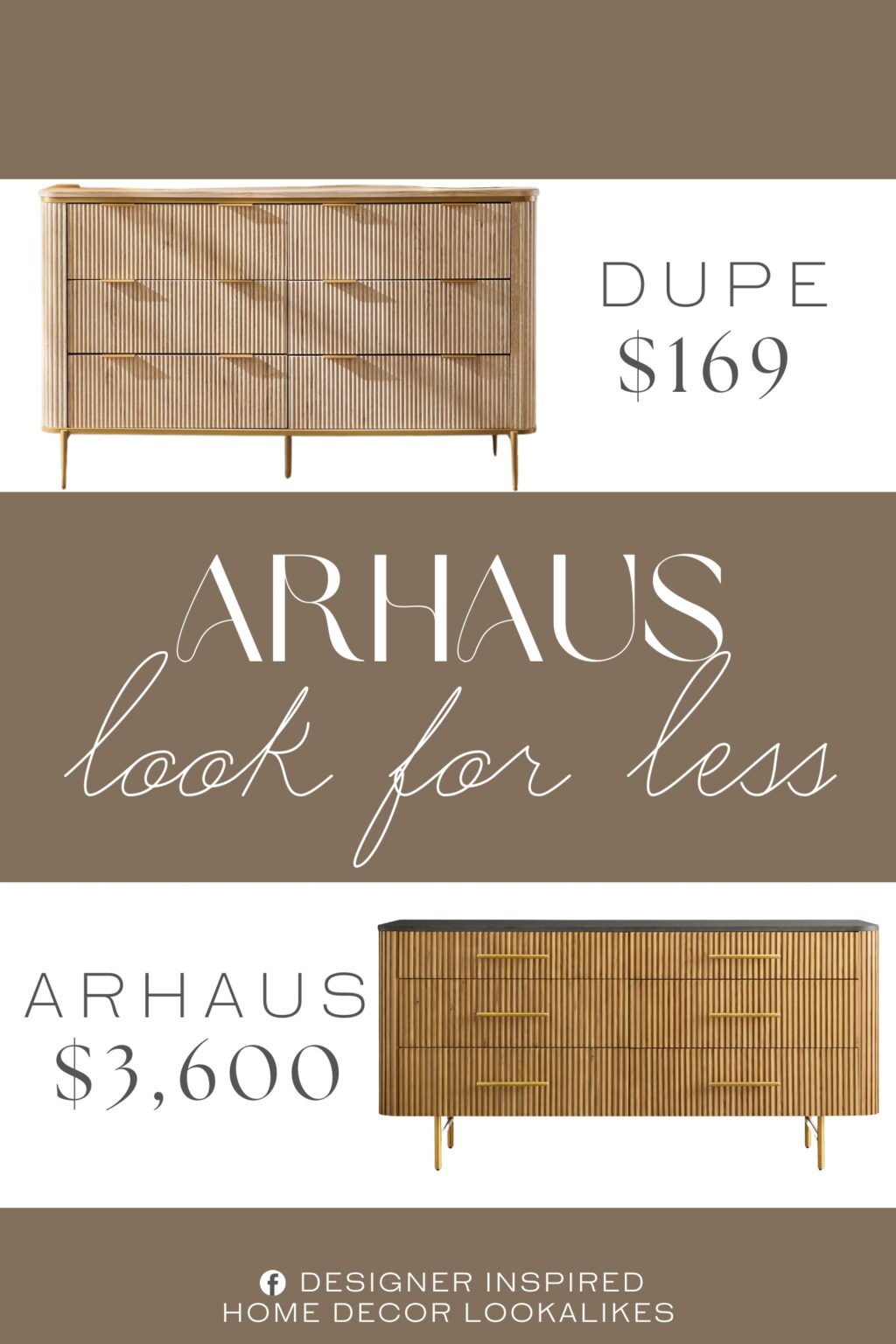 Arhaus Finnley Six-Drawer Dresser Dupe. The dresser features striking gold accents that add a luxurious touch to its design. From the handles to the legs, these gold details complement the Natural Oak finish, creating a harmonious blend of modern and classic elements. The gold accents not only enhance the visual appeal but also serve as practical components, providing sturdy support and easy-to-grip handles for the drawers.