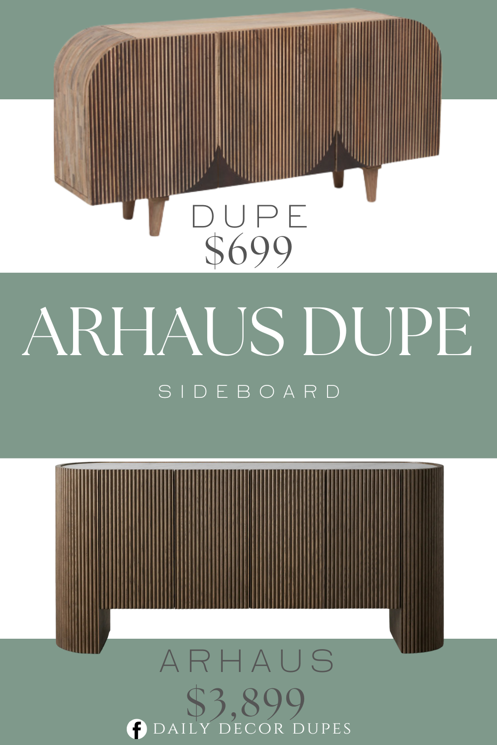 Arhaus Flore Sideboard Dupe. Fluted front, curved edges, 3 doors open for a spacious storage compartment. Made from wood and walnut finish.