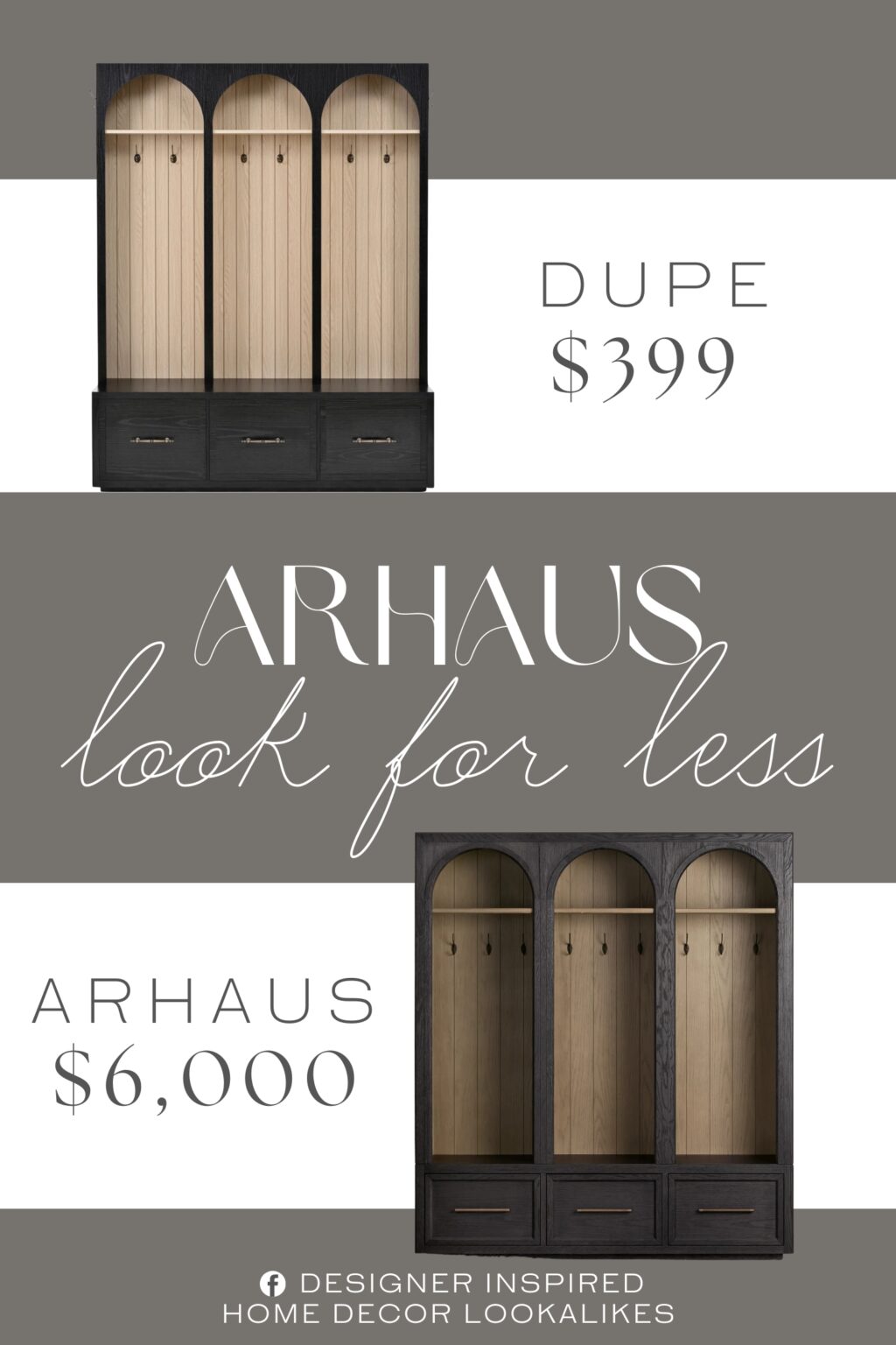 Arhaus Hattie Entryway Cabinet Dupe. Featuring three graceful arches, natural wood grain back panels, and a bold wood frame, this hall tree brings a sophisticated two-tone look to your space. Distressed vintage handles and hooks add a touch of elegance, making it both practical and visually stunning for any entryway.