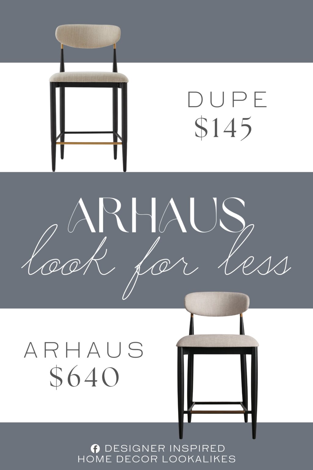 Arhaus Jagger Armless Counter Stool Dupe. Crafted from strong iron, the slim yet stable frames feature sleek lines and bold gold trim that ensures durability without sacrificing style or comfort.