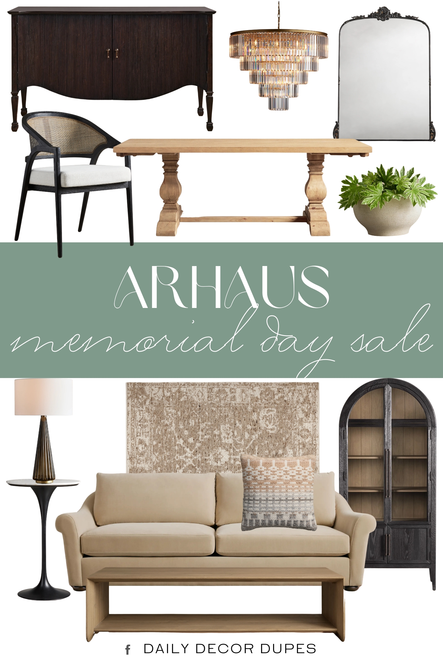 Arhaus Memorial Day Sale 2026. Conrad Sideboard. Aimee Dining Arm Chair. Hattie Glass Cabinet. Kensington Dining Table. Leyland Tiered Round Chandelier. Amelie Grand Floor Mirror. Enzo Bar Table. Archwood 96" Sofa in Quincy Fawn. Elisabetta Table Lamp. Como Outdoor Planter. Felton Coffee Table. Camarin Outdoor Pillow Cover. Atalie Rug.