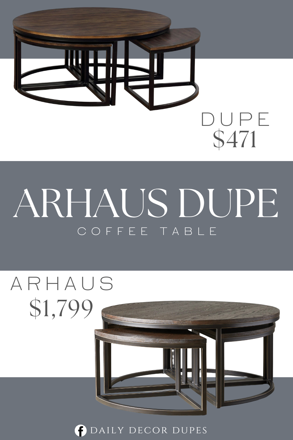 Arhaus Palmer Round Nesting Coffee Table Dupe. Wood top material. Metal frame material. Round shape. Antiqued mocha color. Product dimension 42"D x 42"W x 18"H.