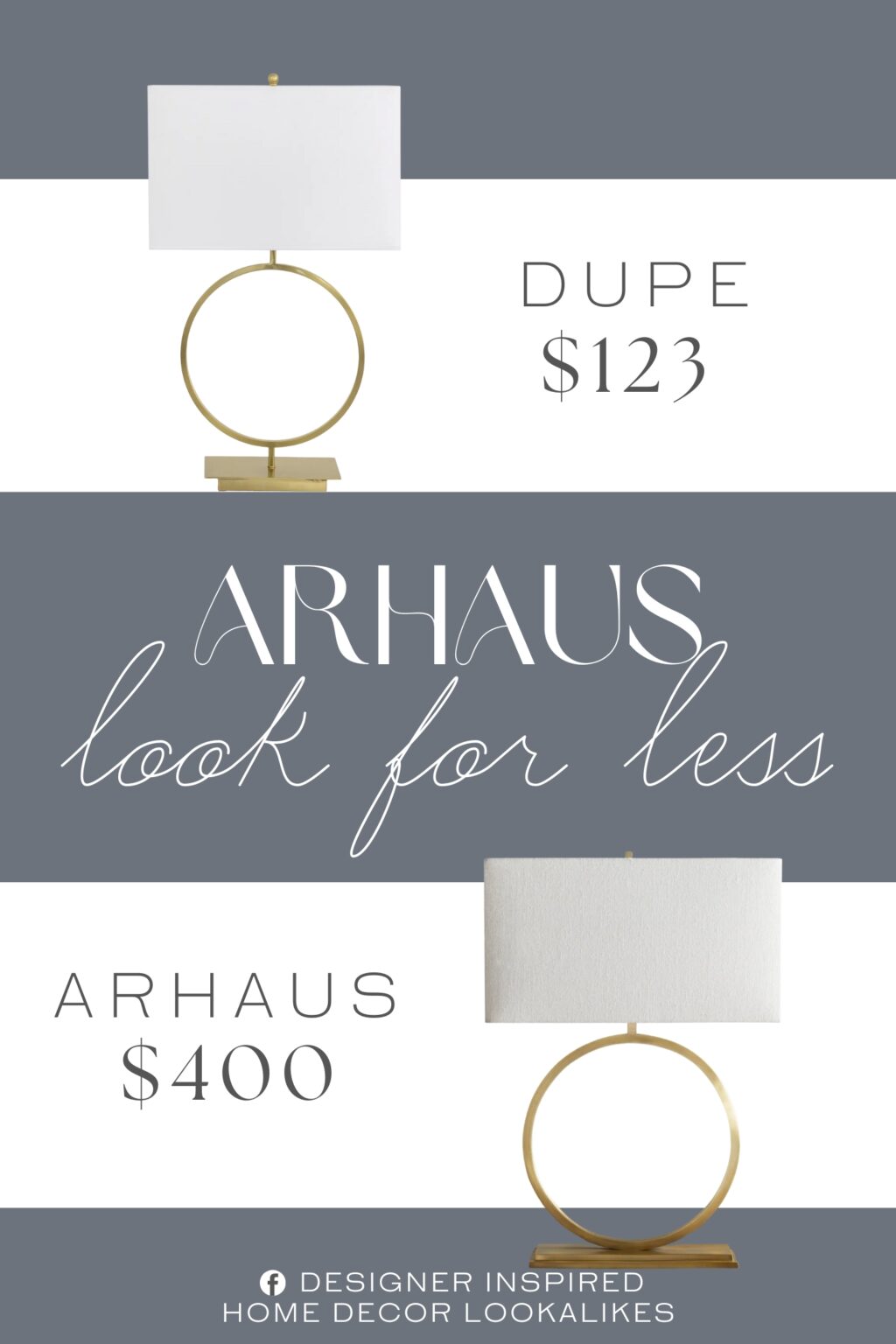 Arhaus Rhys Table Lamp Dupe. This stylish lamp features a unique circular design that exudes contemporary charm. The gold-finish base and frame add a luxurious touch to any setting, while the classic white shade ensures a warm, diffused light perfect for creating a cozy atmosphere.