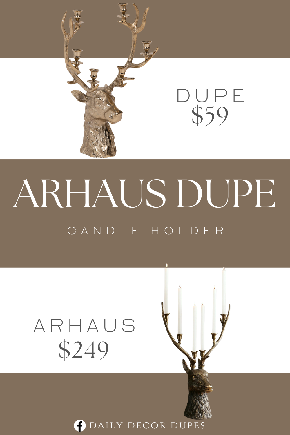 Arhaus Stag Head Taper Candle Holder Dupe. gold tone finish, reindeer decor, holds 6 candlesticks. Made from metal.