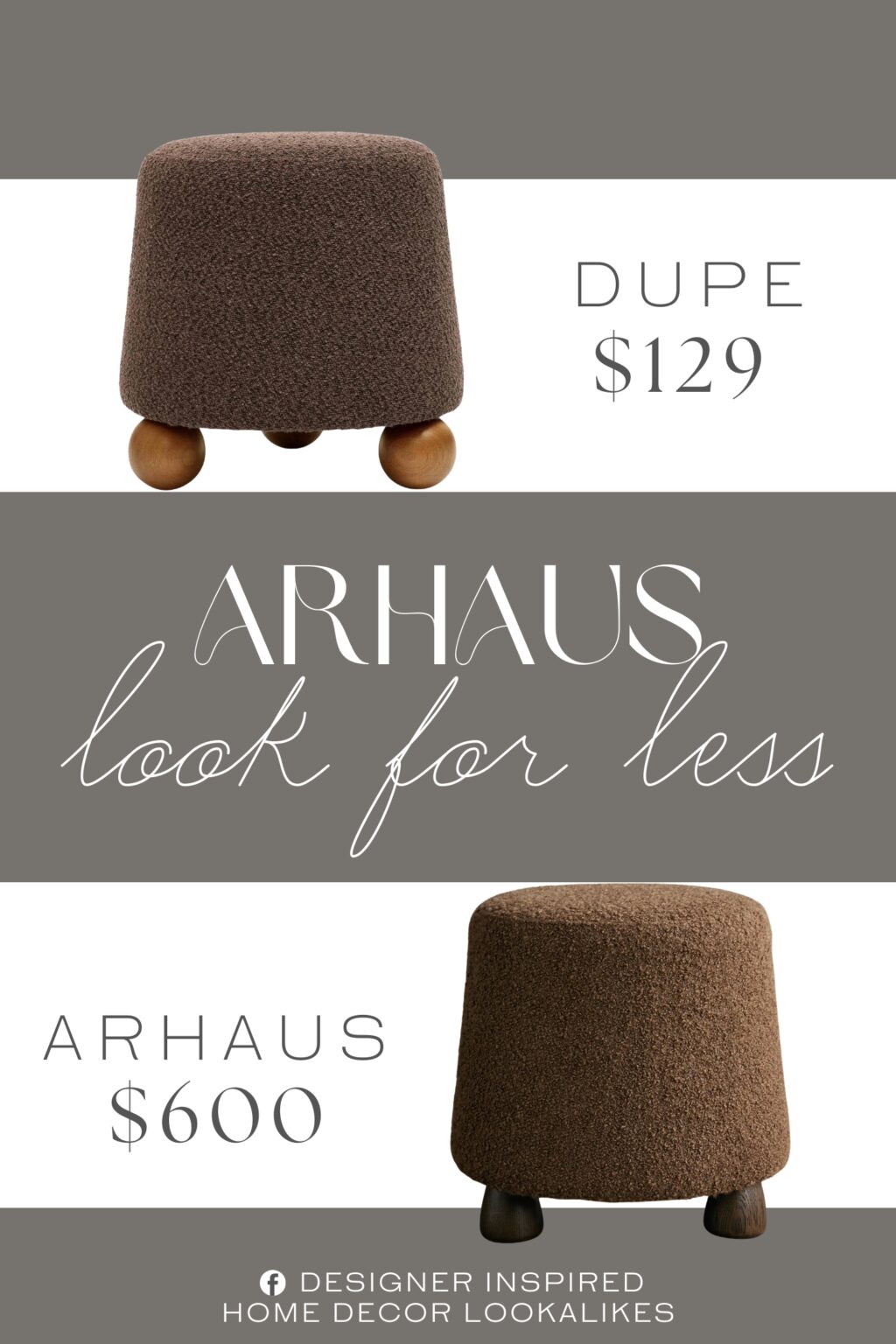 Arhaus Steffi Ottoman Dupe. Color Chocolate Brown. Top Material Type Boucle. Fabric Type 100% Polyester. Base Material Wood.