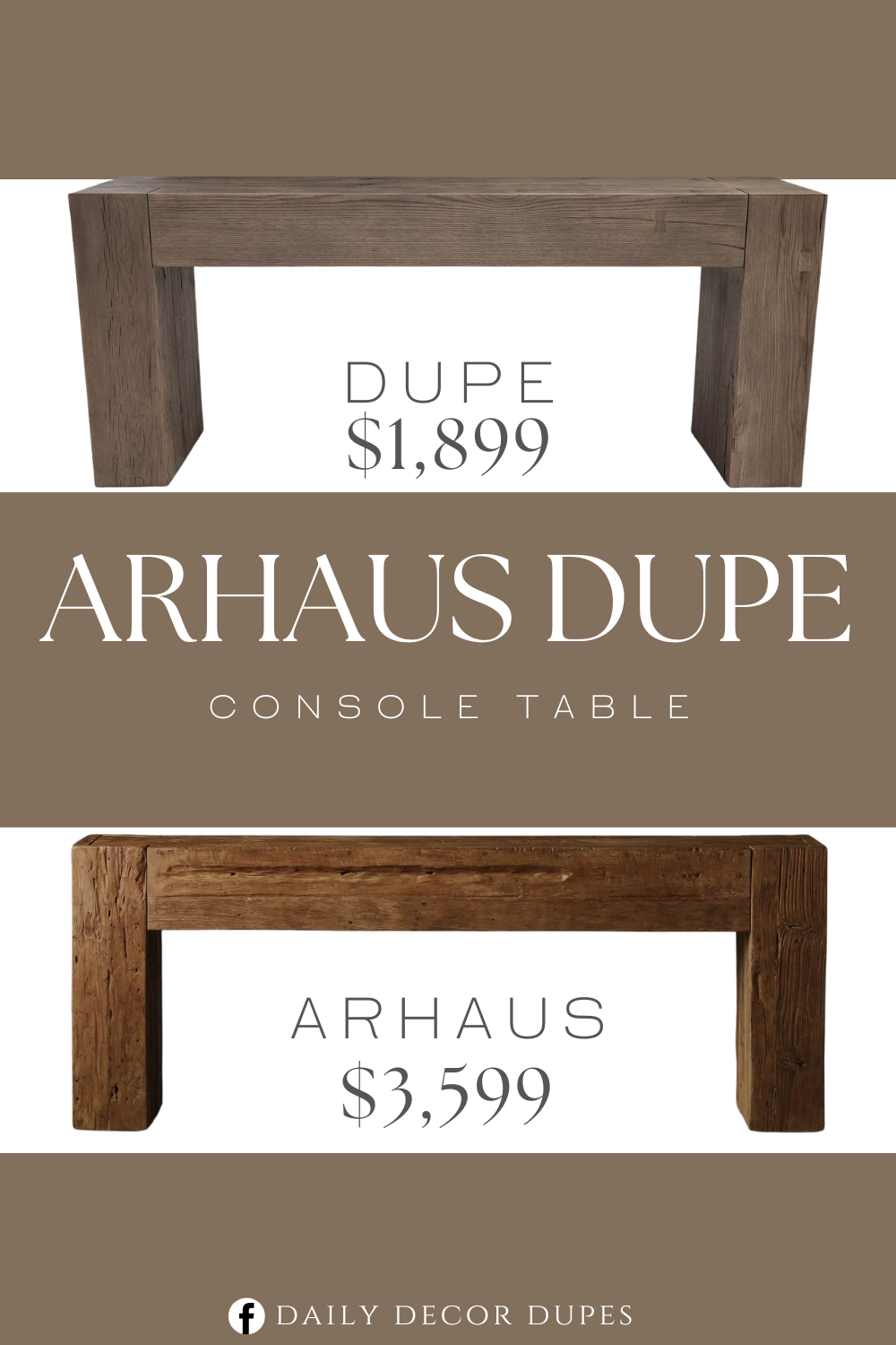 Arhaus Ubud Console Table Dupe. Made of kiln-dried reclaimed oak wood. Crafted of oak, a highly durable wood with a beautiful open grain. Kiln-dried wood helps prevent warping, splitting, cracking and developing mildew.Features an water-based Aged Oak or Meadow White finish. Features large faux dovetail joint design on the legs for visual effect.