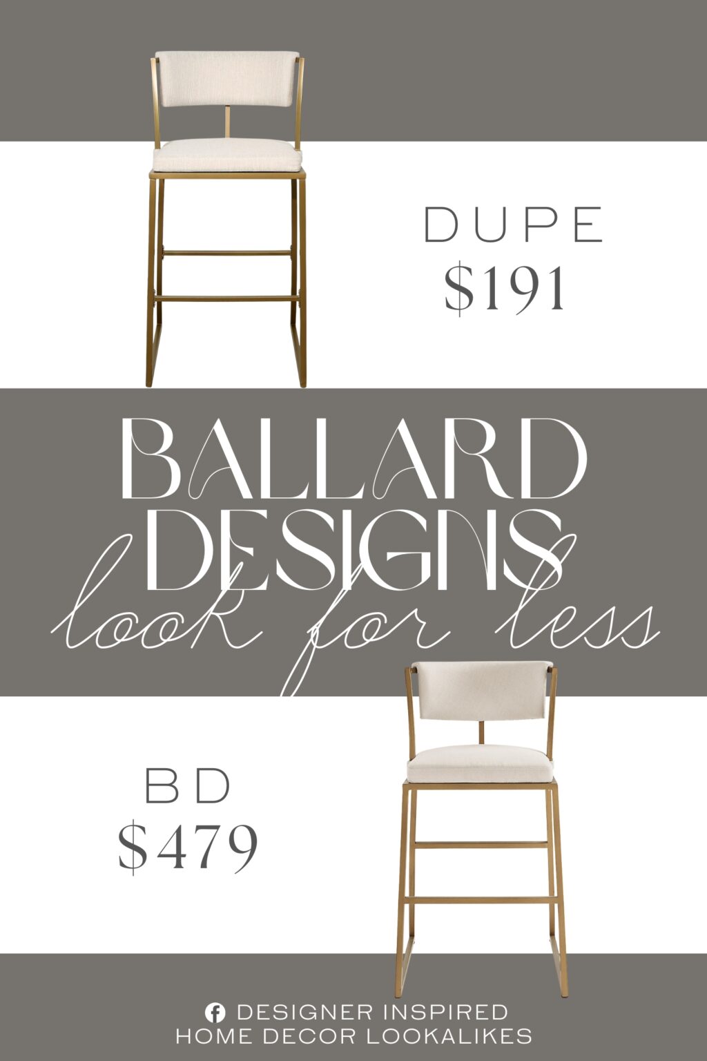 Ballard Designs Allister Bar Stool Dupe. Modern styling in a matte Antique Brass finish with creamy white upholstered seat and back