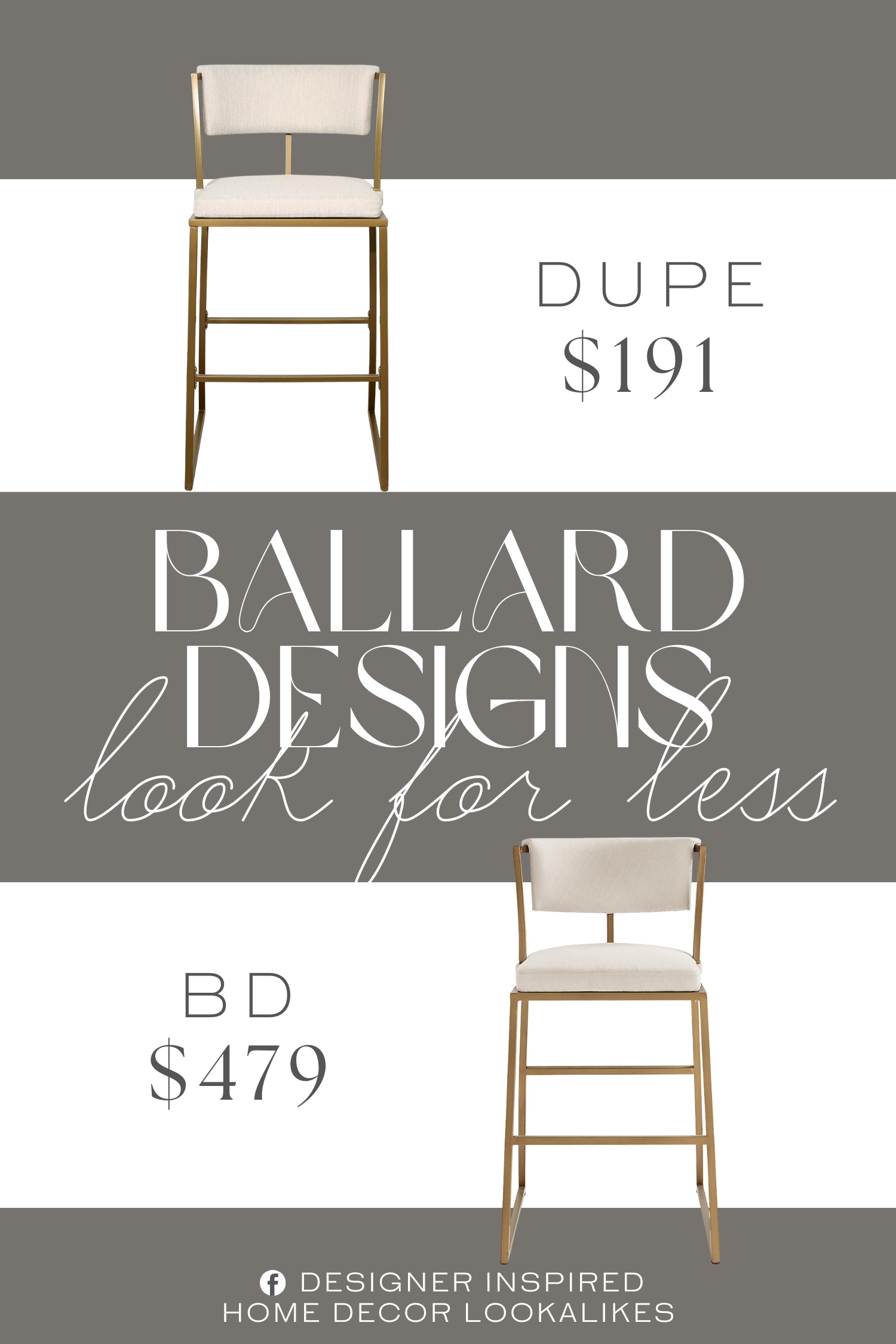 Ballard Designs Allister Bar Stool Dupe. Modern styling in a matte Antique Brass finish with creamy white upholstered seat and back
