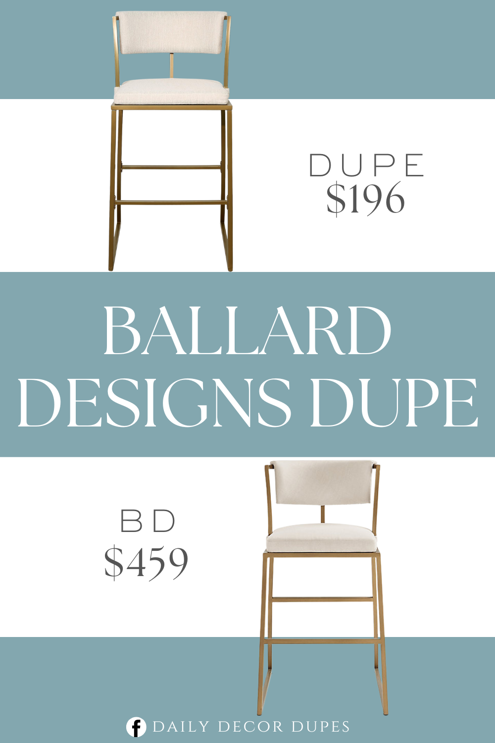 Ballard Designs Allister Sandberg Parchment Bar Stool Dupe. Metal frame material. Rectangular shape. Modern styling in a matte Antique Brass finish with creamy white upholstered seat and back.