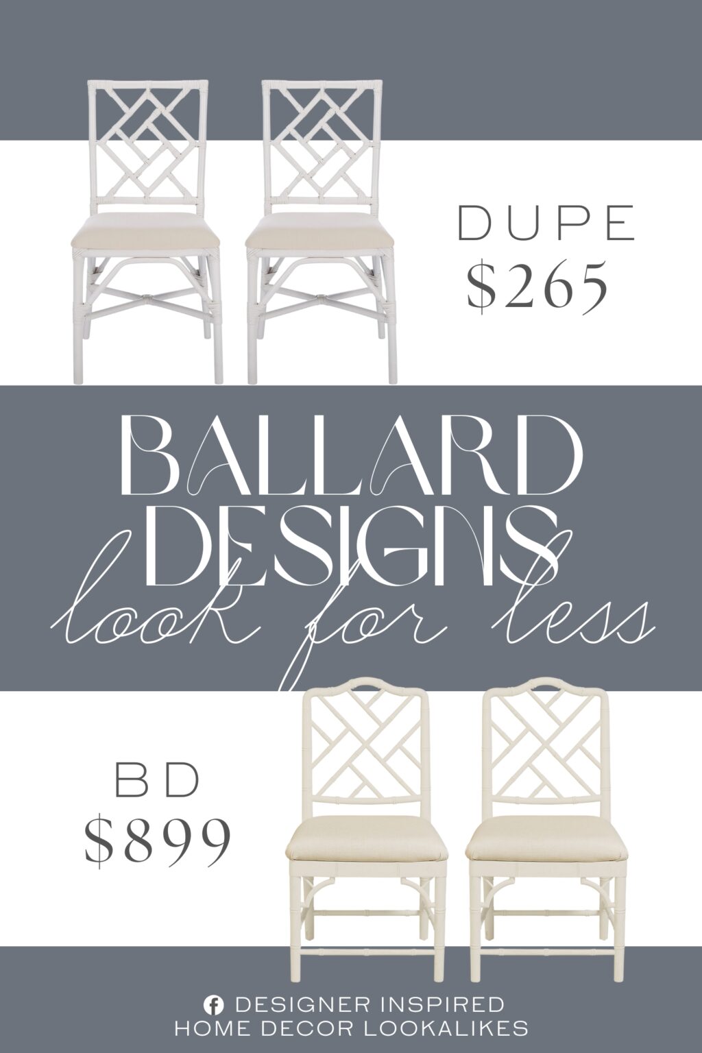 Ballard Designs Dayna Side Chairs Dupe. Features a white bamboo-inspired rattan frame and chic cut-out motif.