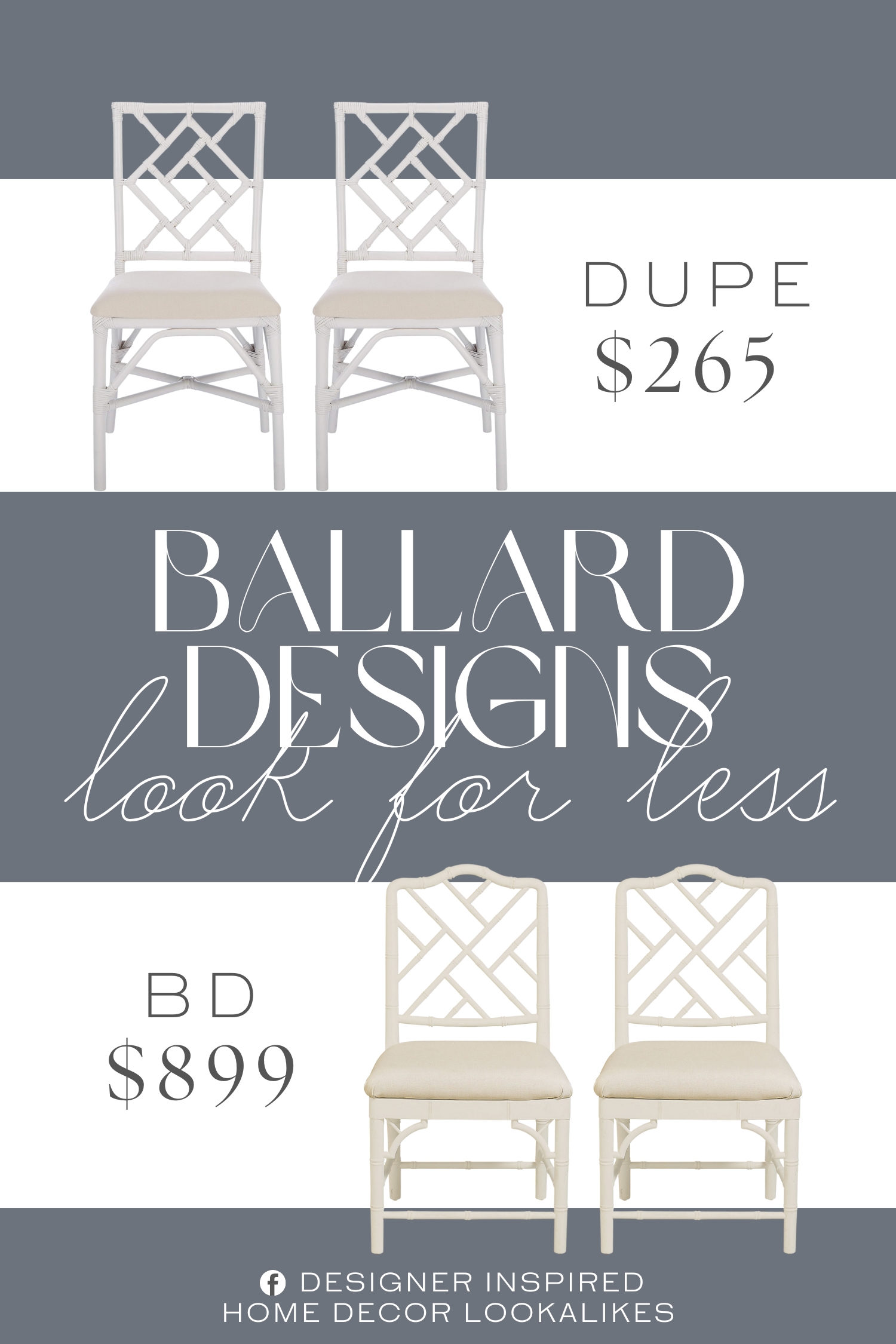 Ballard Designs Dayna Side Chairs Dupe. Features a white bamboo-inspired rattan frame and chic cut-out motif.