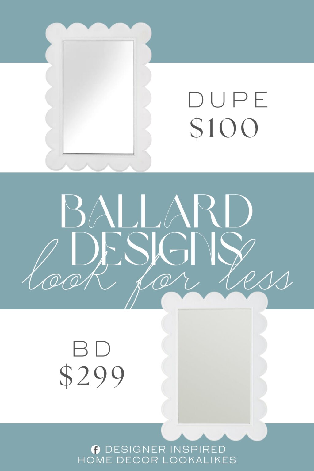 Ballard Designs Hayli Scallop Mirror Dupe. Crafted of veneer wood, wood composite, and mirror. White finish. Rectangular shape. Scalloped edges.