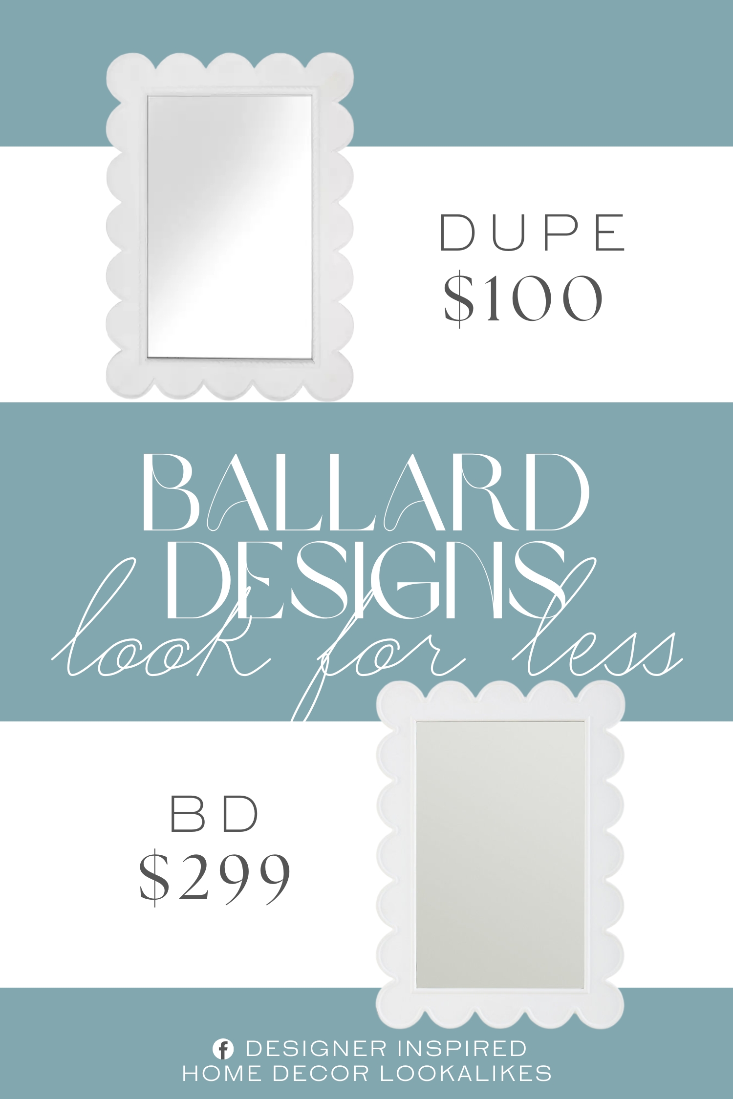 Ballard Designs Hayli Scallop Mirror Dupe. Crafted of veneer wood, wood composite, and mirror. White finish. Rectangular shape. Scalloped edges.