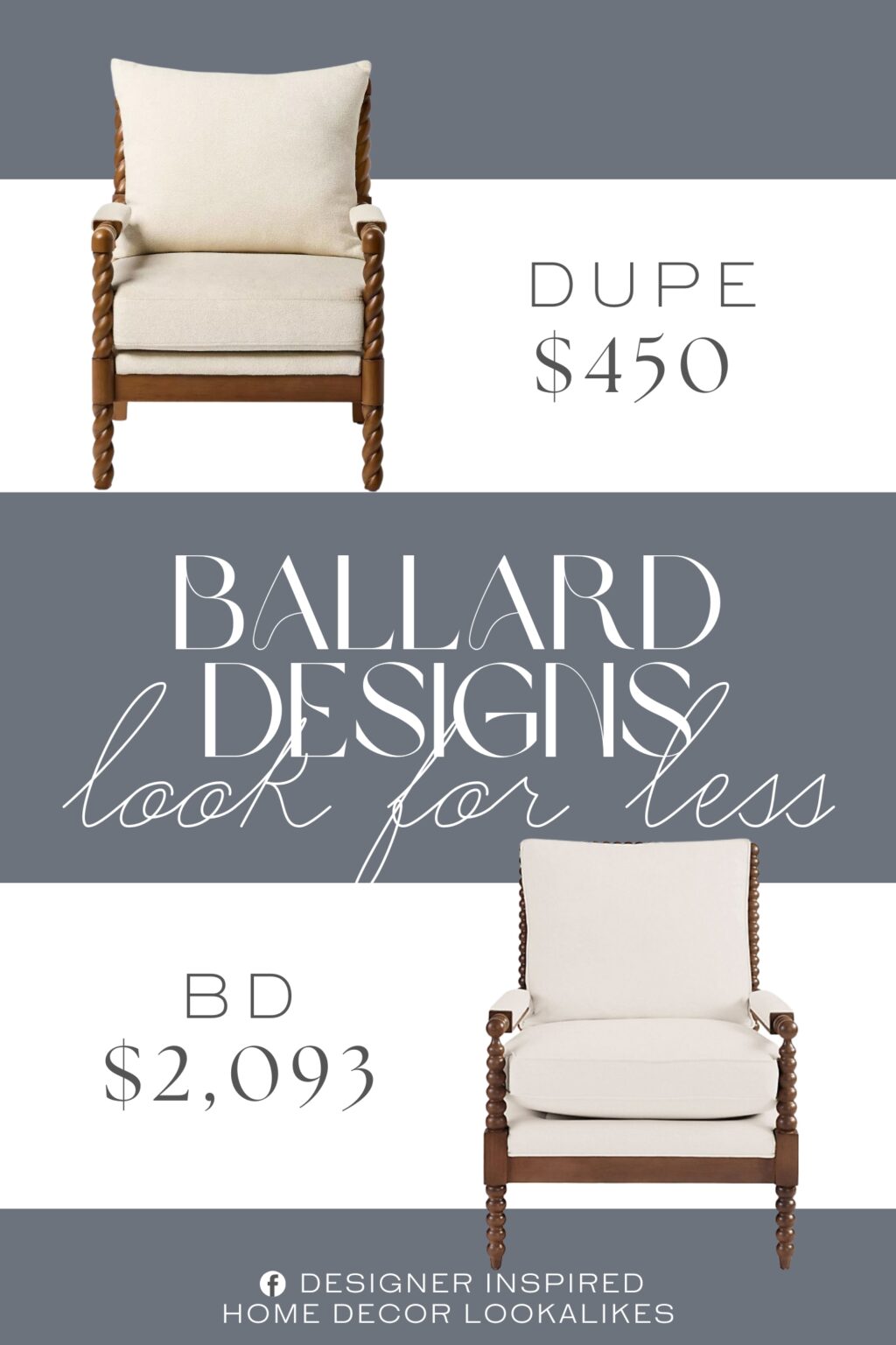 Ballard Designs Shiloh Spool Chair Dupe. This upholstered armchair has a cushioned seat and backrest in a textured cream color for comfy seating and easy blending with existing decor. It’s paired with a brown wooden frame and features a stylish braided design.