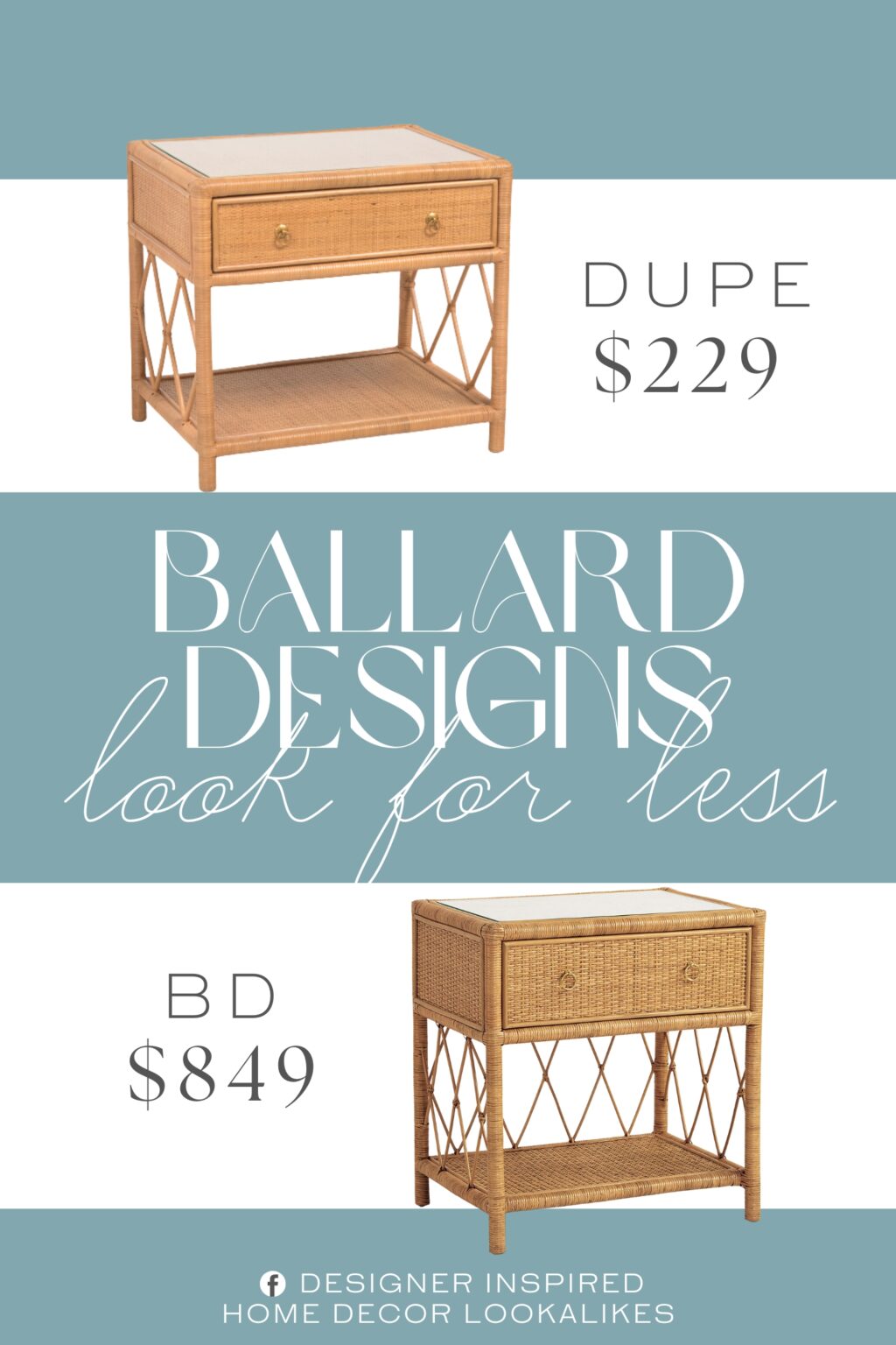 Ballard Designs Suzanne Rattan 1-Drawer Nightstand Dupe. 1 drawer and 1 shelf for ample storage, glass tabletop, woven design.