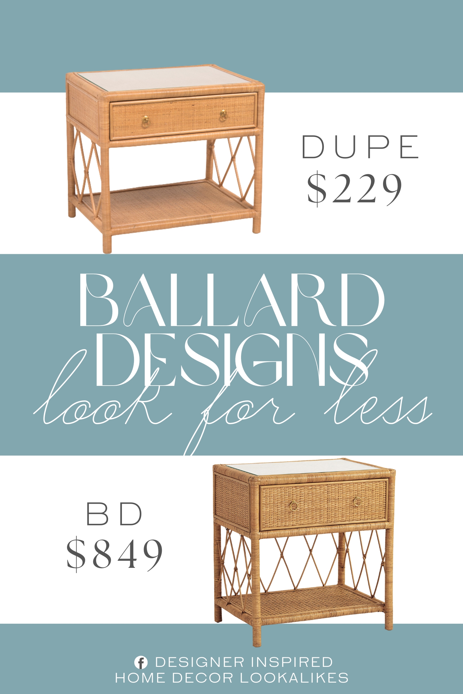 Ballard Designs Suzanne Rattan 1-Drawer Nightstand Dupe. 1 drawer and 1 shelf for ample storage, glass tabletop, woven design.